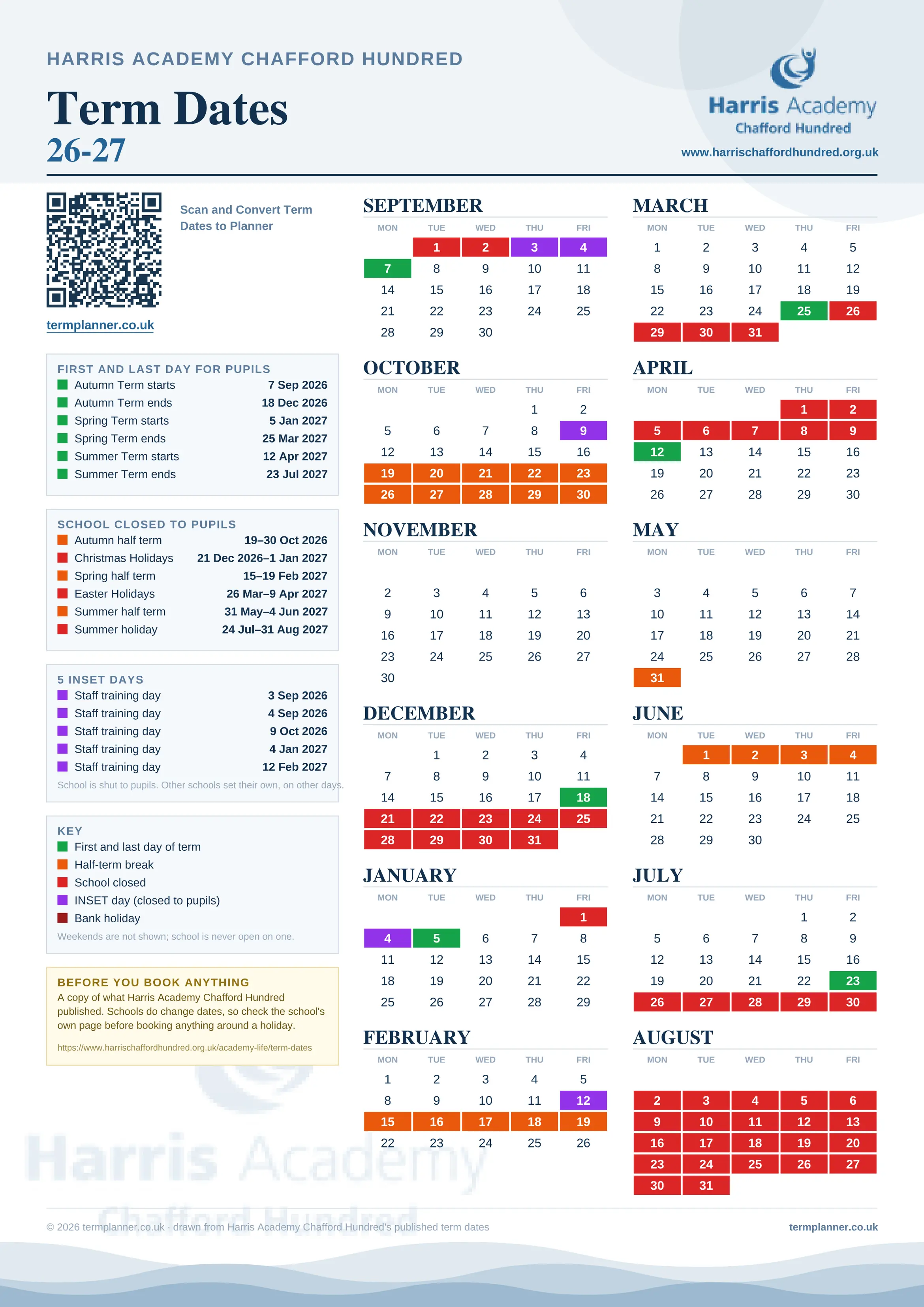 Harris Academy Chafford Hundred’s 2026/27 school year drawn as one sheet: twelve month grids from September to August, Monday to Friday, with autumn term 7 September to 18 December 2026, spring term 5 January to 25 March 2027, summer term 12 April to 23 July 2027. Half terms, holidays and bank holidays are filled in colour, the first and last day of each term is marked, 5 INSET days are picked out, and every date is listed again in words down the left.