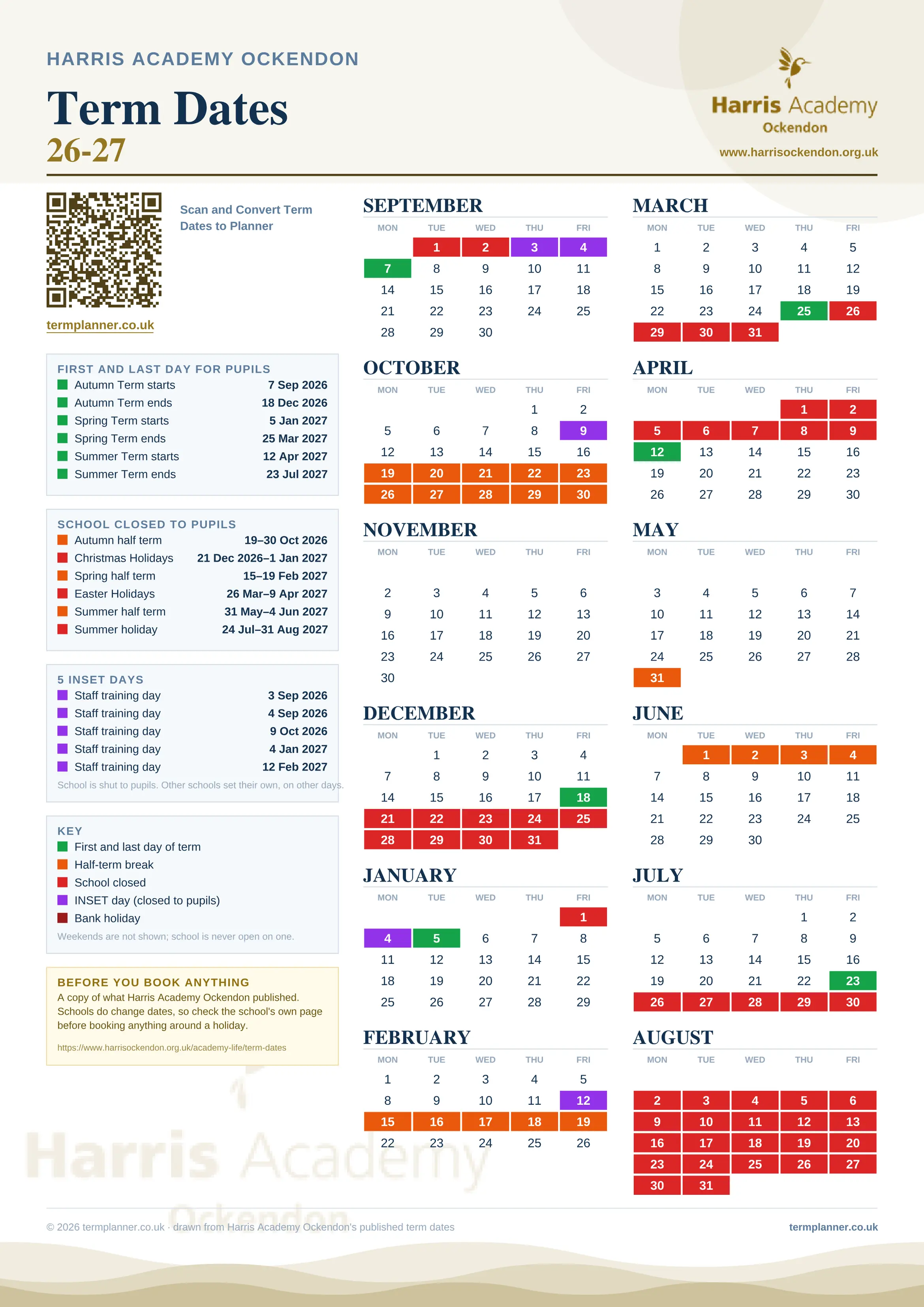 Harris Academy Ockendon’s 2026/27 school year drawn as one sheet: twelve month grids from September to August, Monday to Friday, with autumn term 7 September to 18 December 2026, spring term 5 January to 25 March 2027, summer term 12 April to 23 July 2027. Half terms, holidays and bank holidays are filled in colour, the first and last day of each term is marked, 5 INSET days are picked out, and every date is listed again in words down the left.