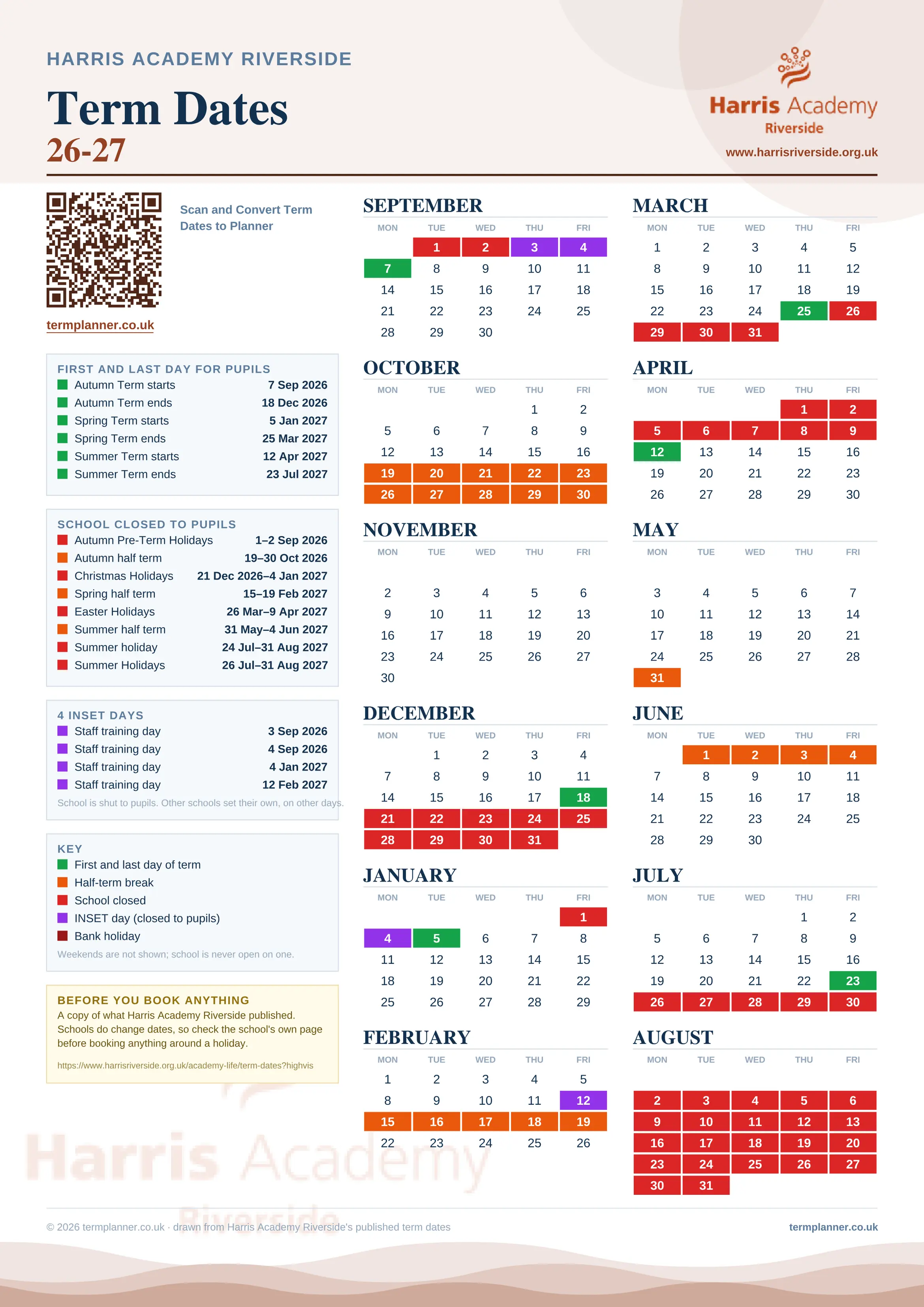 Harris Academy Riverside’s 2026/27 school year drawn as one sheet: twelve month grids from September to August, Monday to Friday, with autumn term 7 September to 18 December 2026, spring term 5 January to 25 March 2027, summer term 12 April to 23 July 2027. Half terms, holidays and bank holidays are filled in colour, the first and last day of each term is marked, 4 INSET days are picked out, and every date is listed again in words down the left.