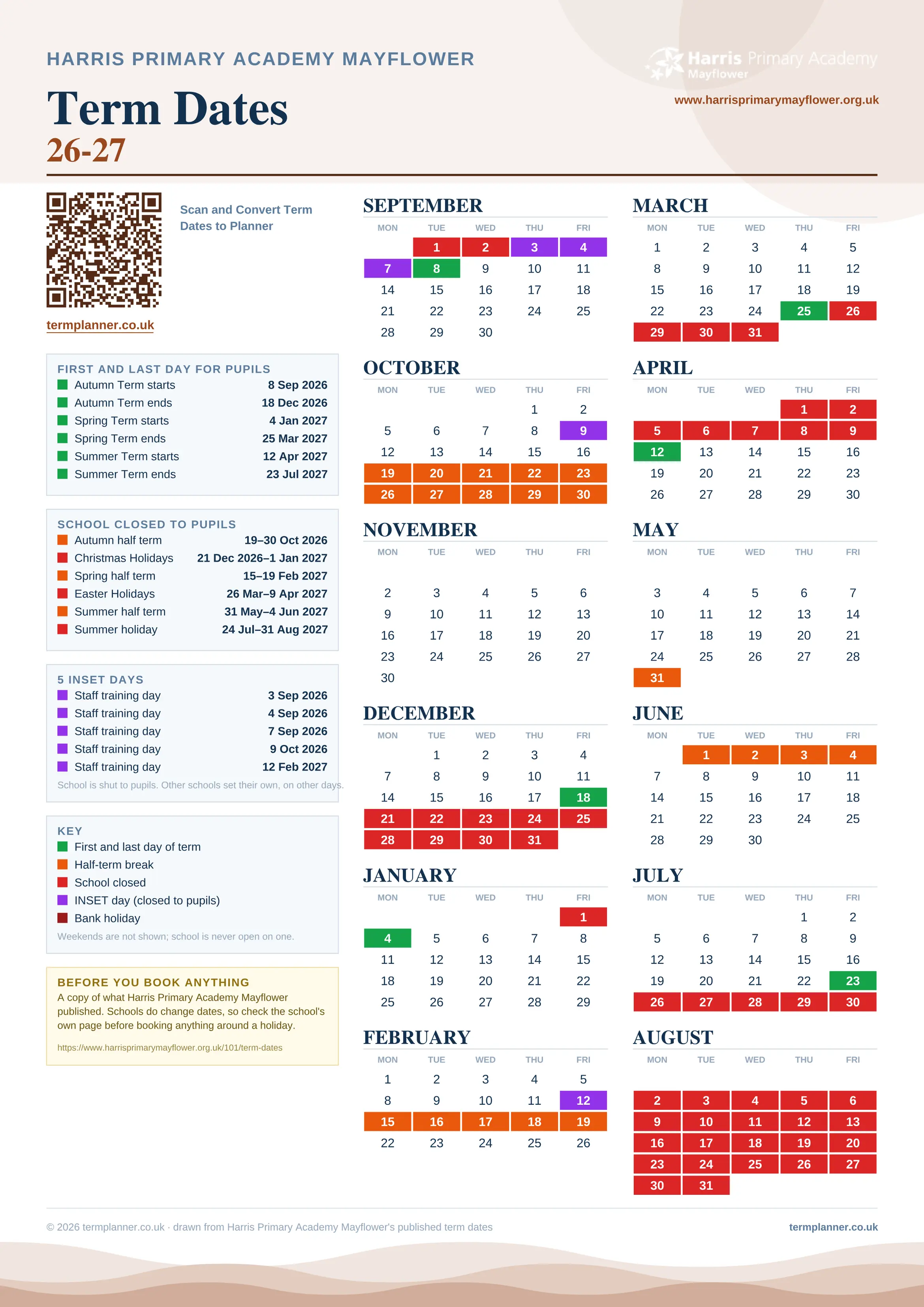 Harris Primary Academy Mayflower’s 2026/27 school year drawn as one sheet: twelve month grids from September to August, Monday to Friday, with autumn term 8 September to 18 December 2026, spring term 4 January to 25 March 2027, summer term 12 April to 23 July 2027. Half terms, holidays and bank holidays are filled in colour, the first and last day of each term is marked, 5 INSET days are picked out, and every date is listed again in words down the left.