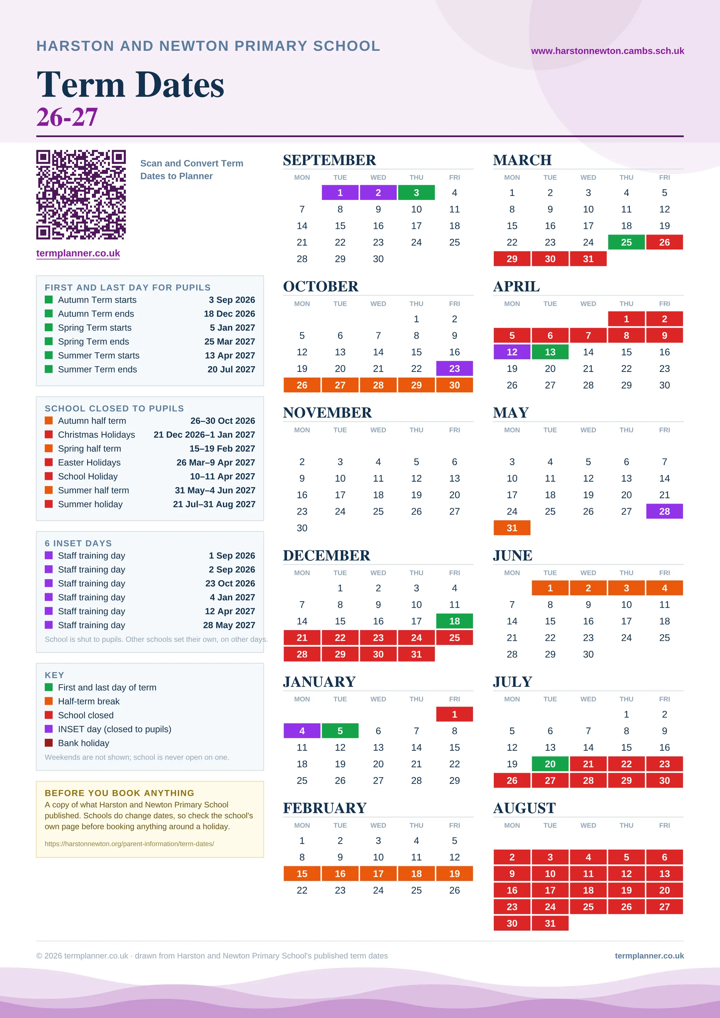 Harston and Newton Primary School’s 2026/27 school year drawn as one sheet: twelve month grids from September to August, Monday to Friday, with autumn term 3 September to 18 December 2026, spring term 5 January to 25 March 2027, summer term 13 April to 20 July 2027. Half terms, holidays and bank holidays are filled in colour, the first and last day of each term is marked, 6 INSET days are picked out, and every date is listed again in words down the left.