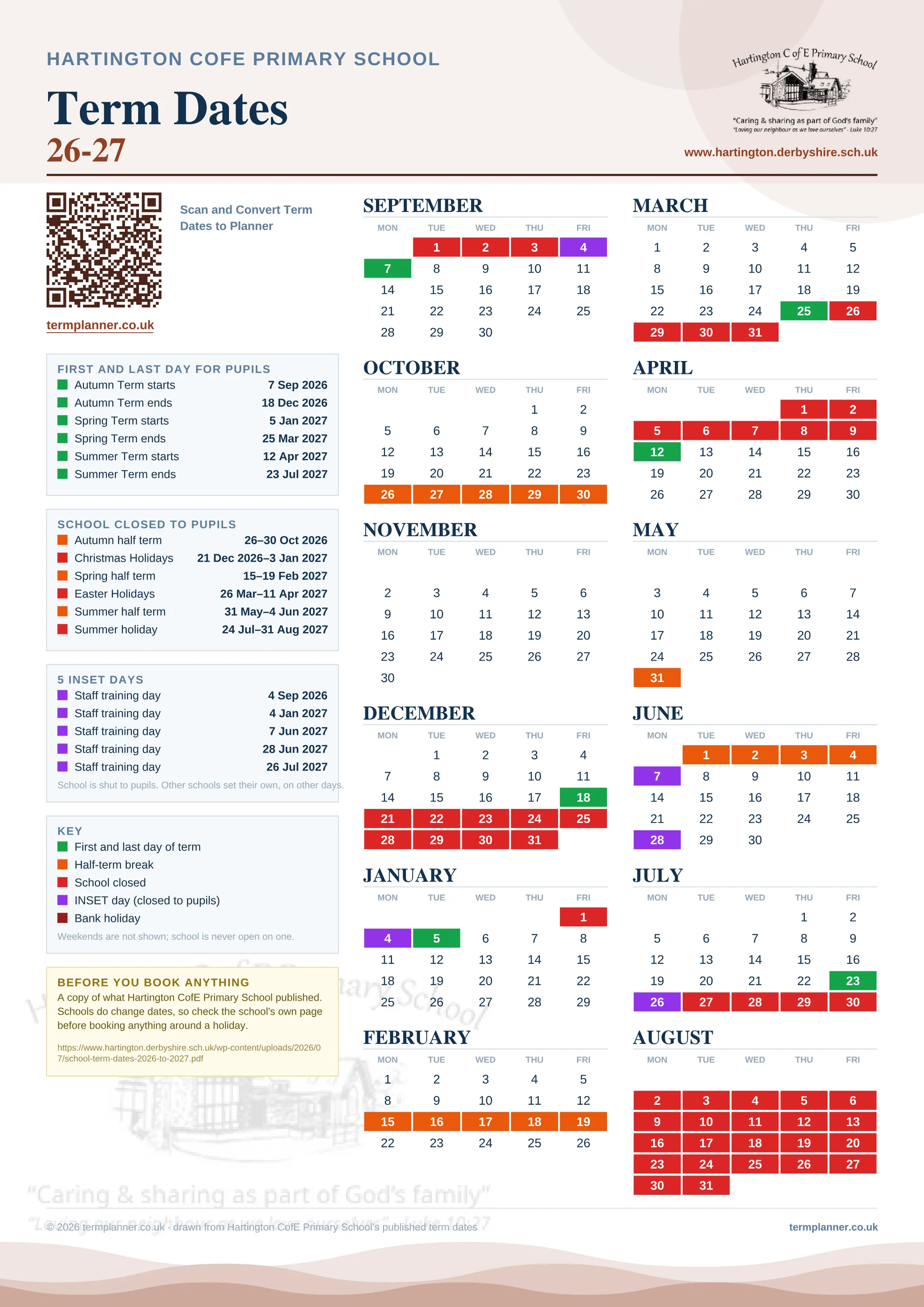 Hartington CofE Primary School’s 2026/27 school year drawn as one sheet: twelve month grids from September to August, Monday to Friday, with autumn term 7 September to 18 December 2026, spring term 5 January to 25 March 2027, summer term 12 April to 23 July 2027. Half terms, holidays and bank holidays are filled in colour, the first and last day of each term is marked, 5 INSET days are picked out, and every date is listed again in words down the left.