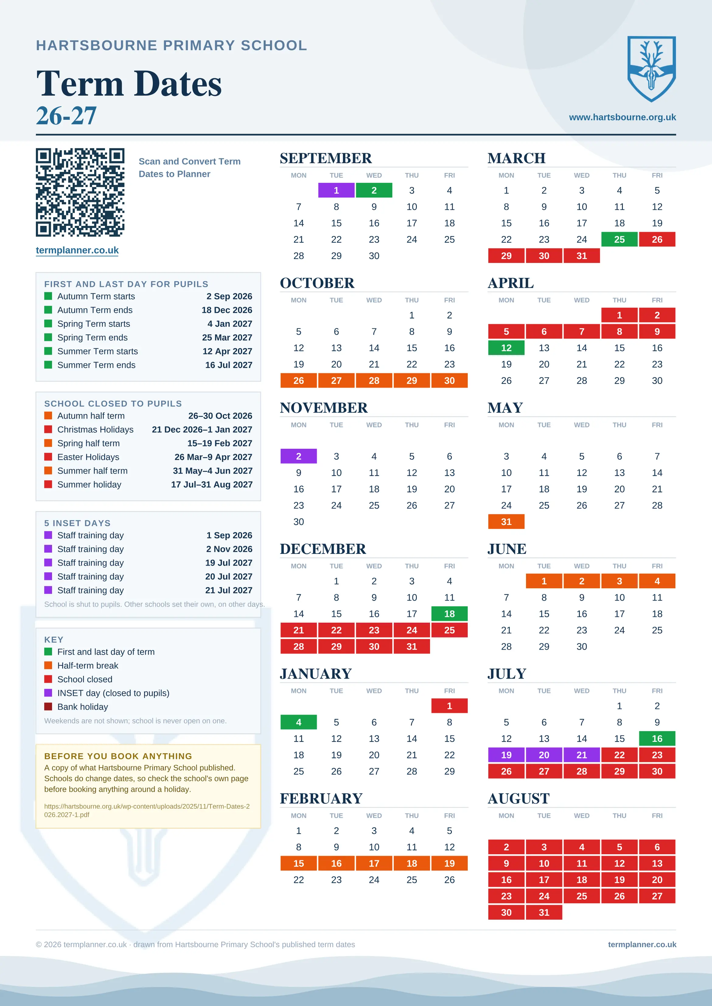 Hartsbourne Primary School’s 2026/27 school year drawn as one sheet: twelve month grids from September to August, Monday to Friday, with autumn term 2 September to 18 December 2026, spring term 4 January to 25 March 2027, summer term 12 April to 16 July 2027. Half terms, holidays and bank holidays are filled in colour, the first and last day of each term is marked, 5 INSET days are picked out, and every date is listed again in words down the left.