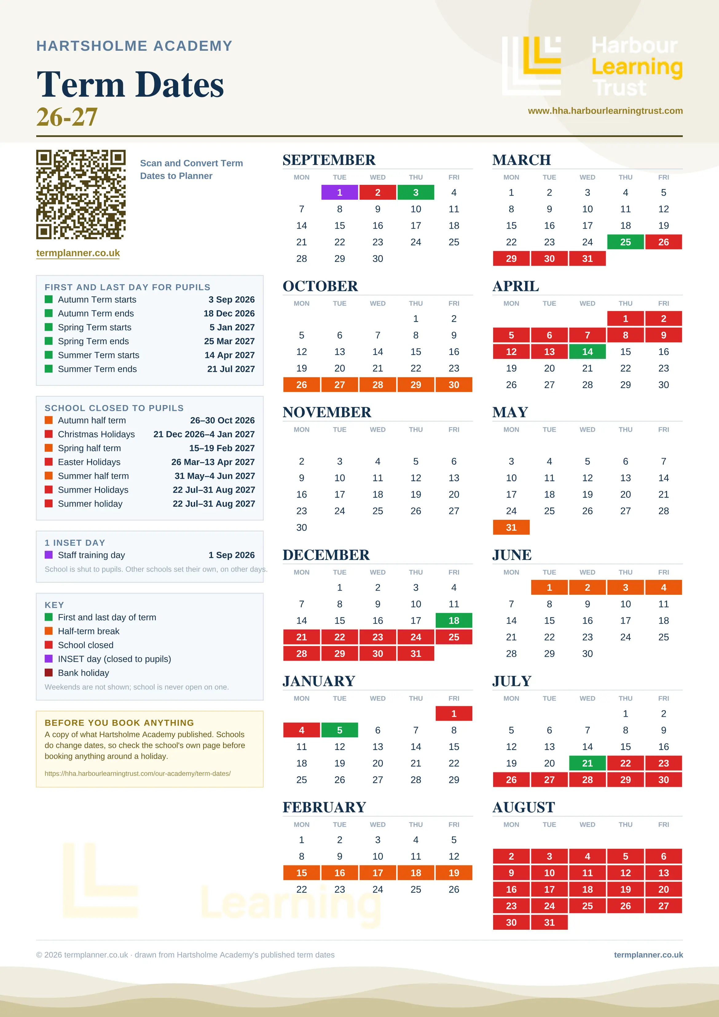 Hartsholme Academy’s 2026/27 school year drawn as one sheet: twelve month grids from September to August, Monday to Friday, with autumn term 3 September to 18 December 2026, spring term 5 January to 25 March 2027, summer term 14 April to 21 July 2027. Half terms, holidays and bank holidays are filled in colour, the first and last day of each term is marked, 1 INSET day is picked out, and every date is listed again in words down the left.