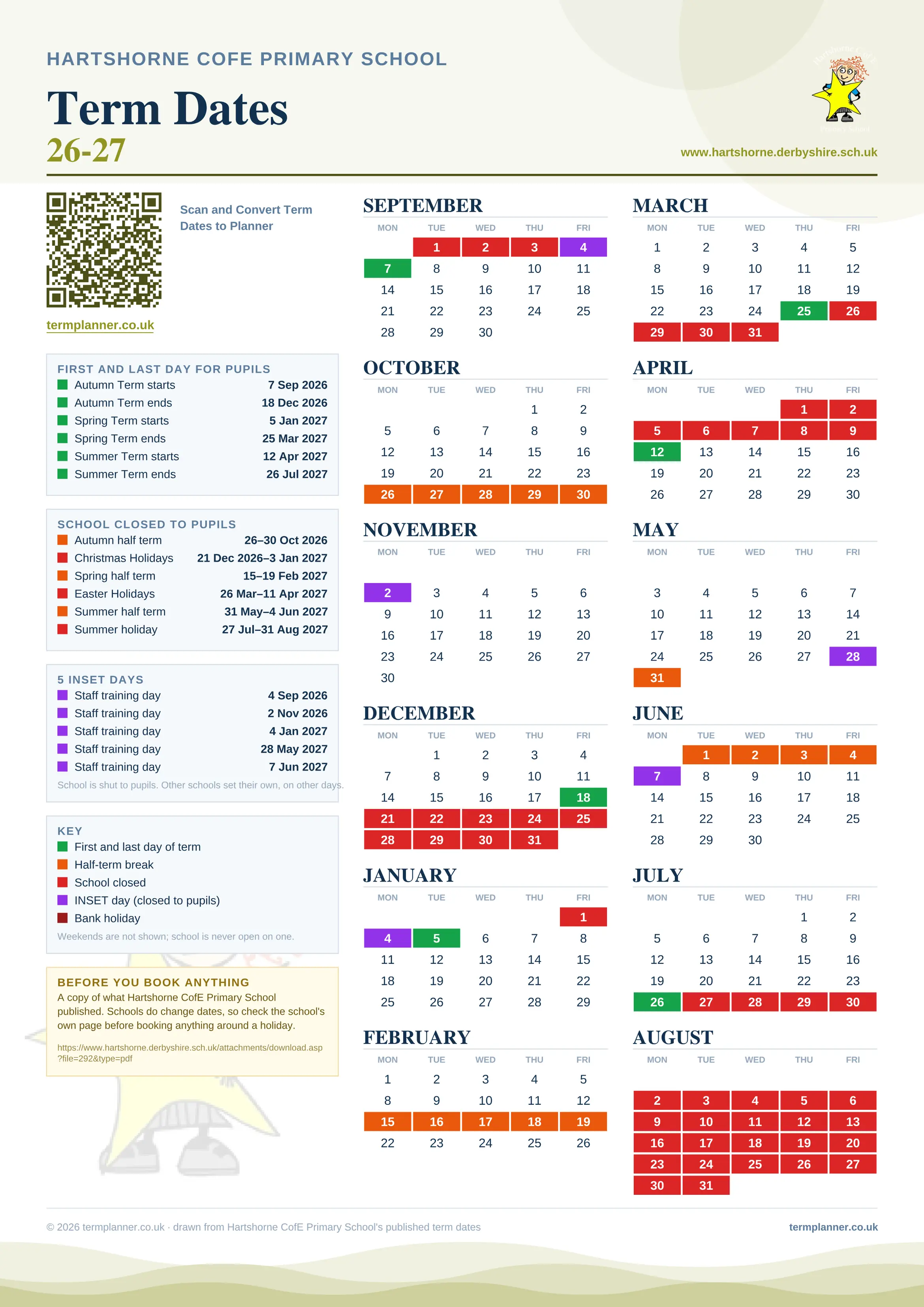 Hartshorne CofE Primary School’s 2026/27 school year drawn as one sheet: twelve month grids from September to August, Monday to Friday, with autumn term 7 September to 18 December 2026, spring term 5 January to 25 March 2027, summer term 12 April to 26 July 2027. Half terms, holidays and bank holidays are filled in colour, the first and last day of each term is marked, 5 INSET days are picked out, and every date is listed again in words down the left.