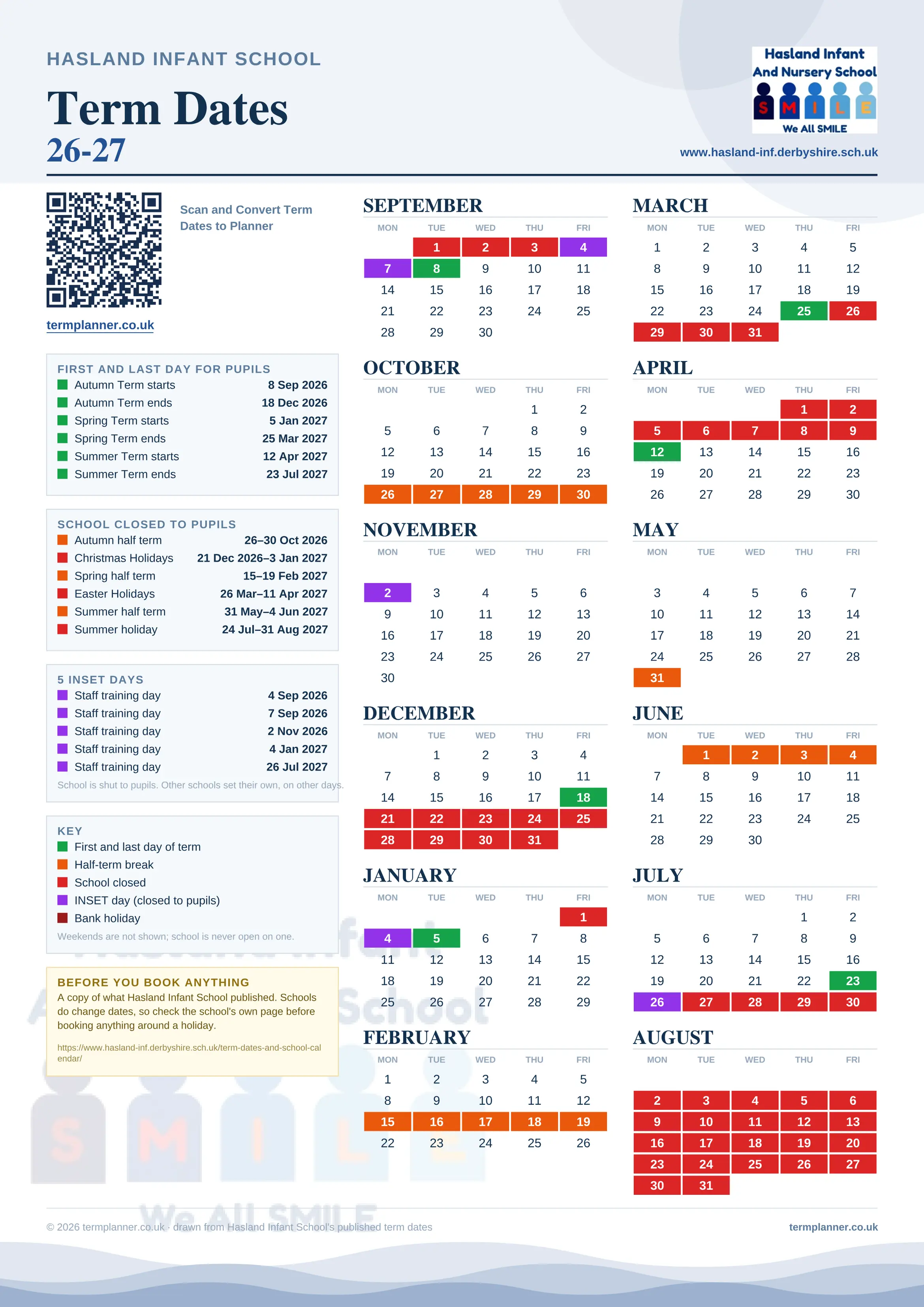 Hasland Infant School’s 2026/27 school year drawn as one sheet: twelve month grids from September to August, Monday to Friday, with autumn term 8 September to 18 December 2026, spring term 5 January to 25 March 2027, summer term 12 April to 23 July 2027. Half terms, holidays and bank holidays are filled in colour, the first and last day of each term is marked, 5 INSET days are picked out, and every date is listed again in words down the left.