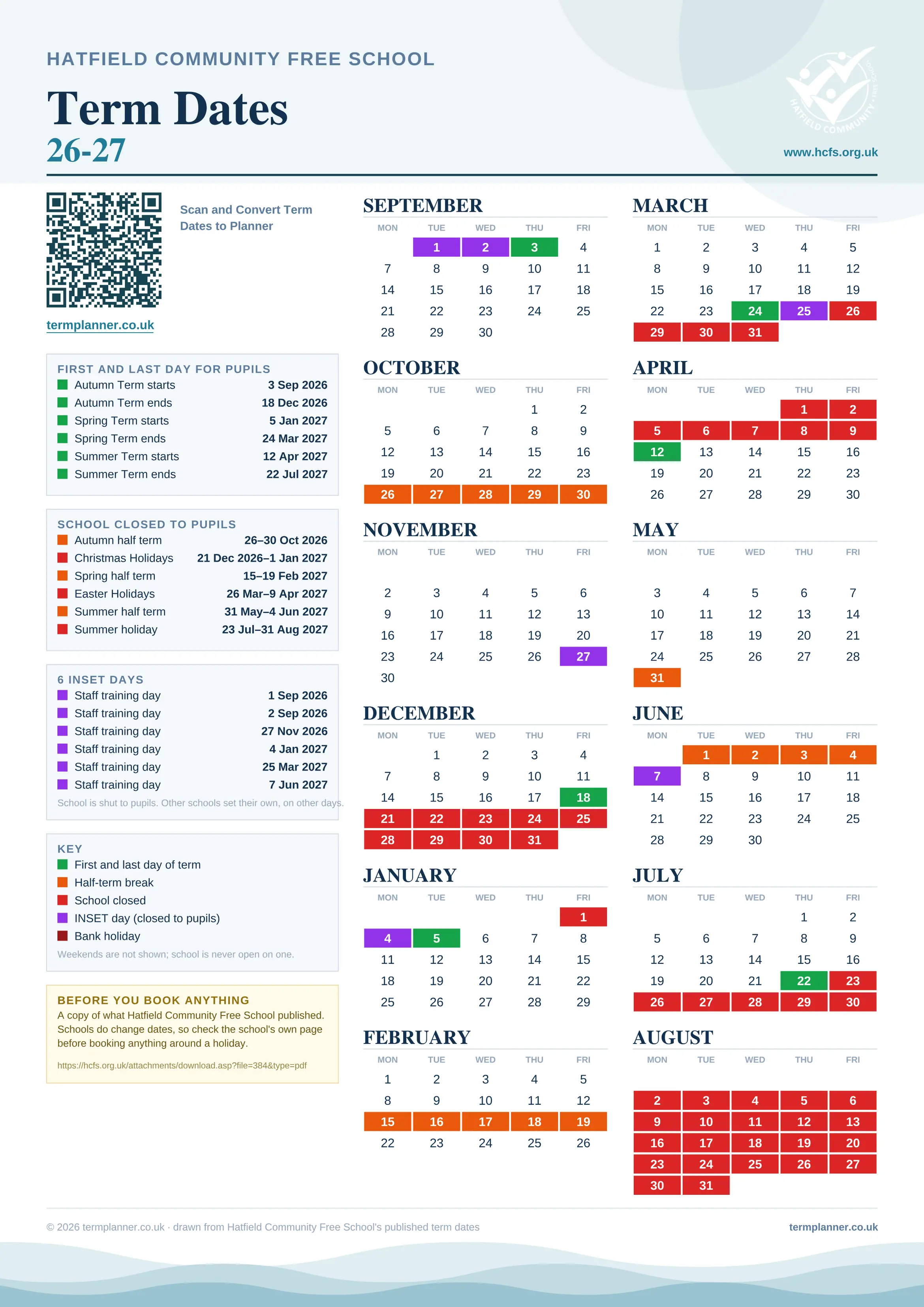 Hatfield Community Free School’s 2026/27 school year drawn as one sheet: twelve month grids from September to August, Monday to Friday, with autumn term 3 September to 18 December 2026, spring term 5 January to 24 March 2027, summer term 12 April to 22 July 2027. Half terms, holidays and bank holidays are filled in colour, the first and last day of each term is marked, 6 INSET days are picked out, and every date is listed again in words down the left.