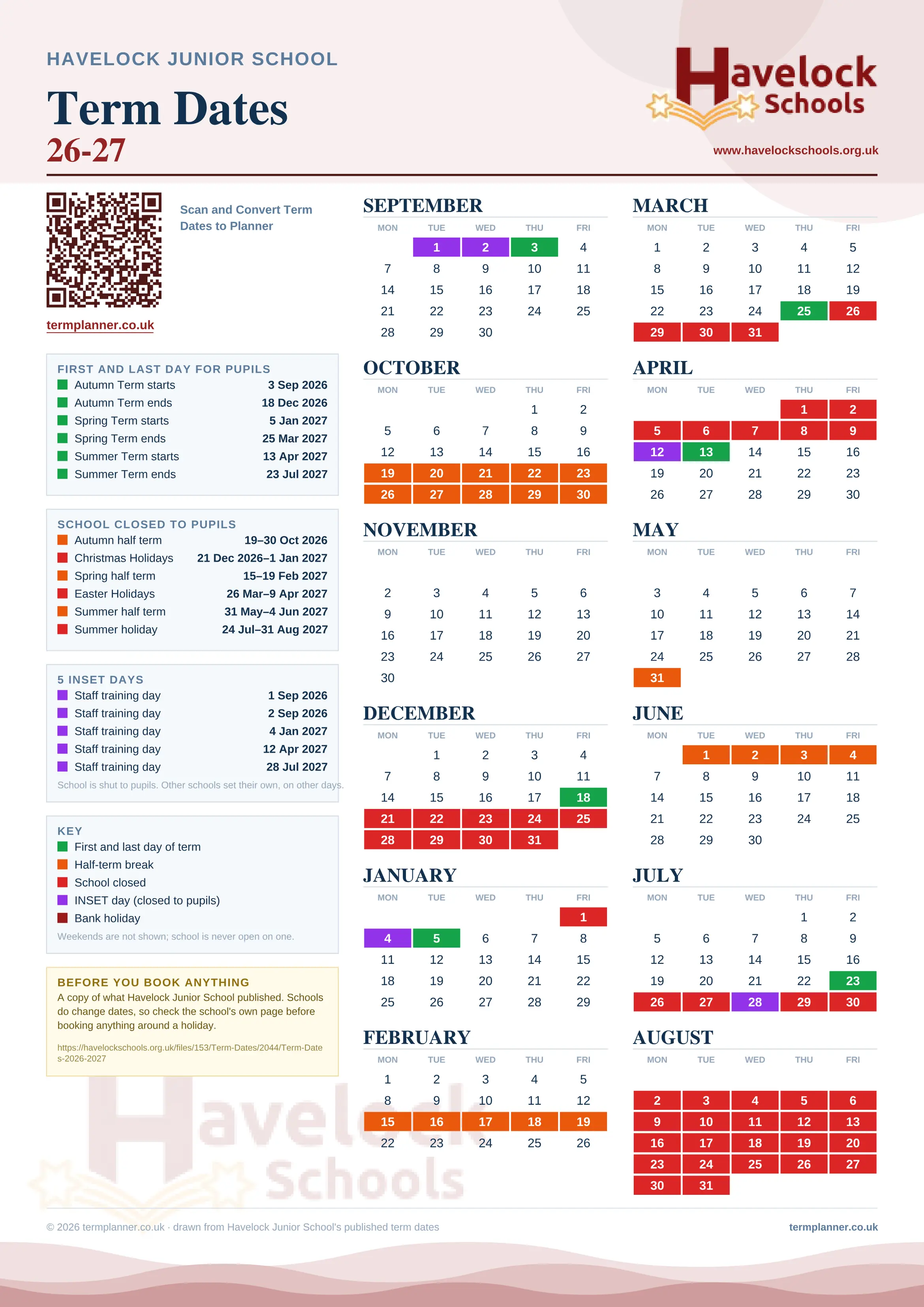 Havelock Junior School’s 2026/27 school year drawn as one sheet: twelve month grids from September to August, Monday to Friday, with autumn term 3 September to 18 December 2026, spring term 5 January to 25 March 2027, summer term 13 April to 23 July 2027. Half terms, holidays and bank holidays are filled in colour, the first and last day of each term is marked, 5 INSET days are picked out, and every date is listed again in words down the left.
