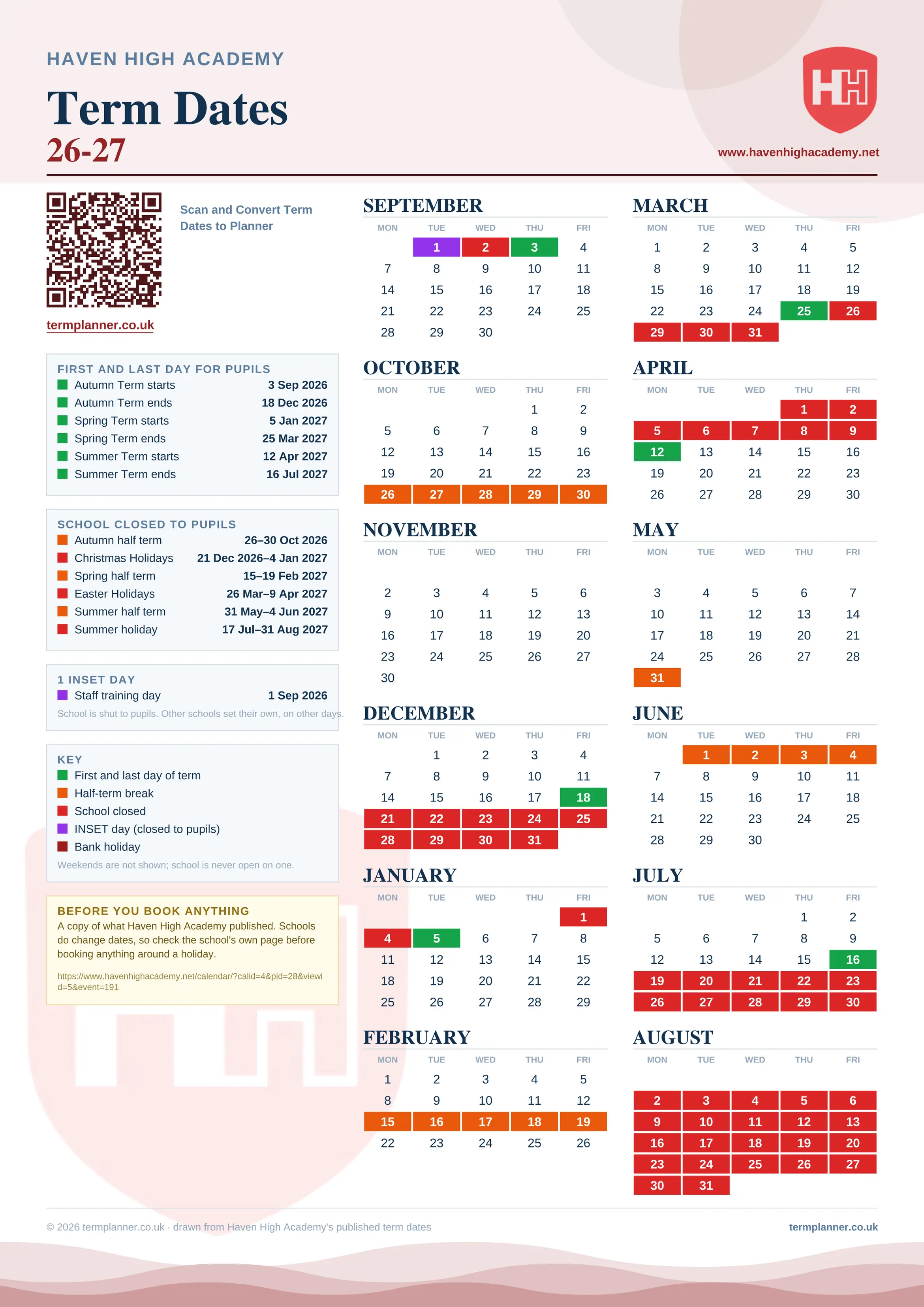 Haven High Academy’s 2026/27 school year drawn as one sheet: twelve month grids from September to August, Monday to Friday, with autumn term 3 September to 18 December 2026, spring term 5 January to 25 March 2027, summer term 12 April to 16 July 2027. Half terms, holidays and bank holidays are filled in colour, the first and last day of each term is marked, 1 INSET day is picked out, and every date is listed again in words down the left.