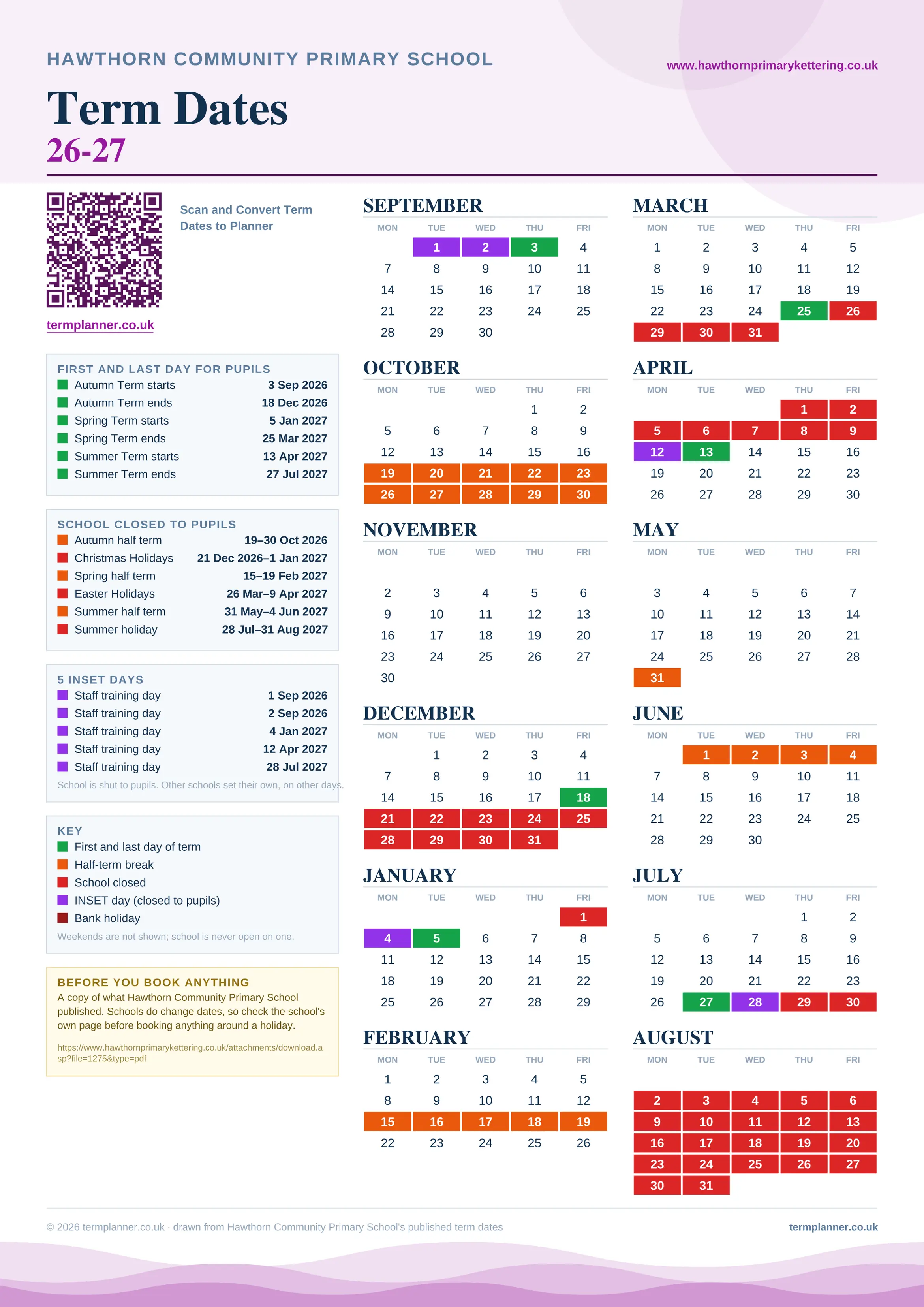Hawthorn Community Primary School’s 2026/27 school year drawn as one sheet: twelve month grids from September to August, Monday to Friday, with autumn term 3 September to 18 December 2026, spring term 5 January to 25 March 2027, summer term 13 April to 27 July 2027. Half terms, holidays and bank holidays are filled in colour, the first and last day of each term is marked, 5 INSET days are picked out, and every date is listed again in words down the left.