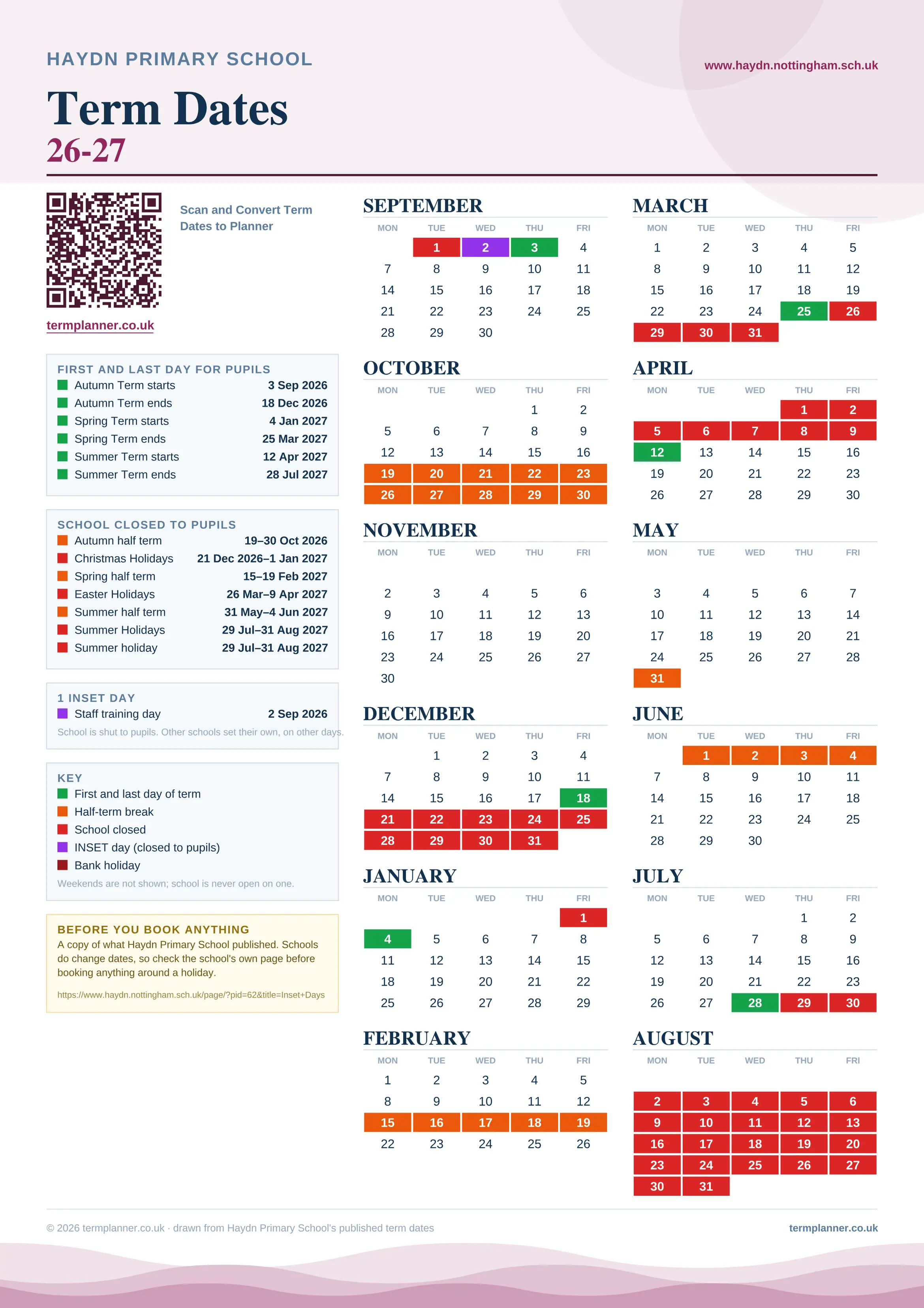 Haydn Primary School’s 2026/27 school year drawn as one sheet: twelve month grids from September to August, Monday to Friday, with autumn term 3 September to 18 December 2026, spring term 4 January to 25 March 2027, summer term 12 April to 28 July 2027. Half terms, holidays and bank holidays are filled in colour, the first and last day of each term is marked, 1 INSET day is picked out, and every date is listed again in words down the left.