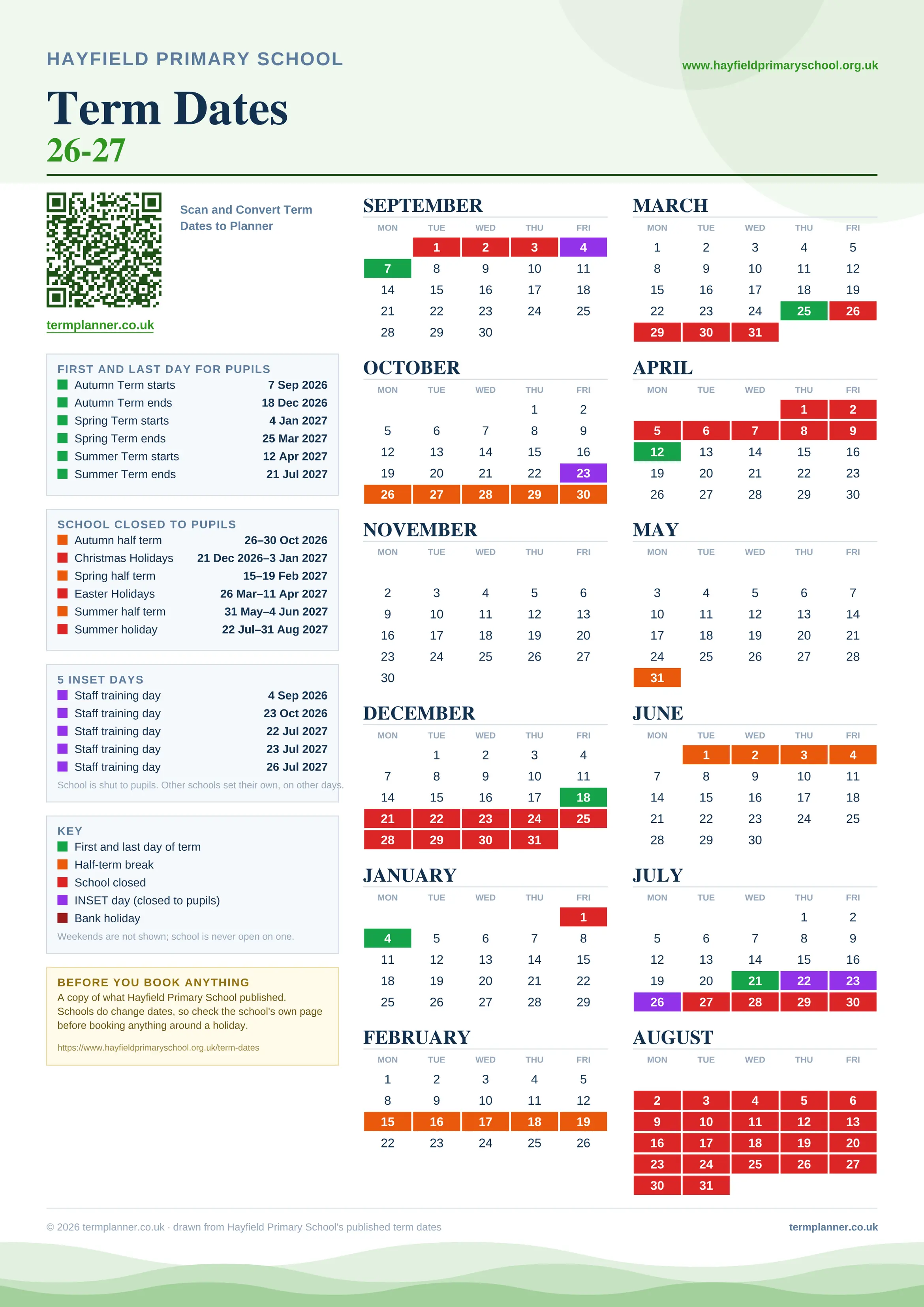 Hayfield Primary School’s 2026/27 school year drawn as one sheet: twelve month grids from September to August, Monday to Friday, with autumn term 7 September to 18 December 2026, spring term 4 January to 25 March 2027, summer term 12 April to 21 July 2027. Half terms, holidays and bank holidays are filled in colour, the first and last day of each term is marked, 5 INSET days are picked out, and every date is listed again in words down the left.