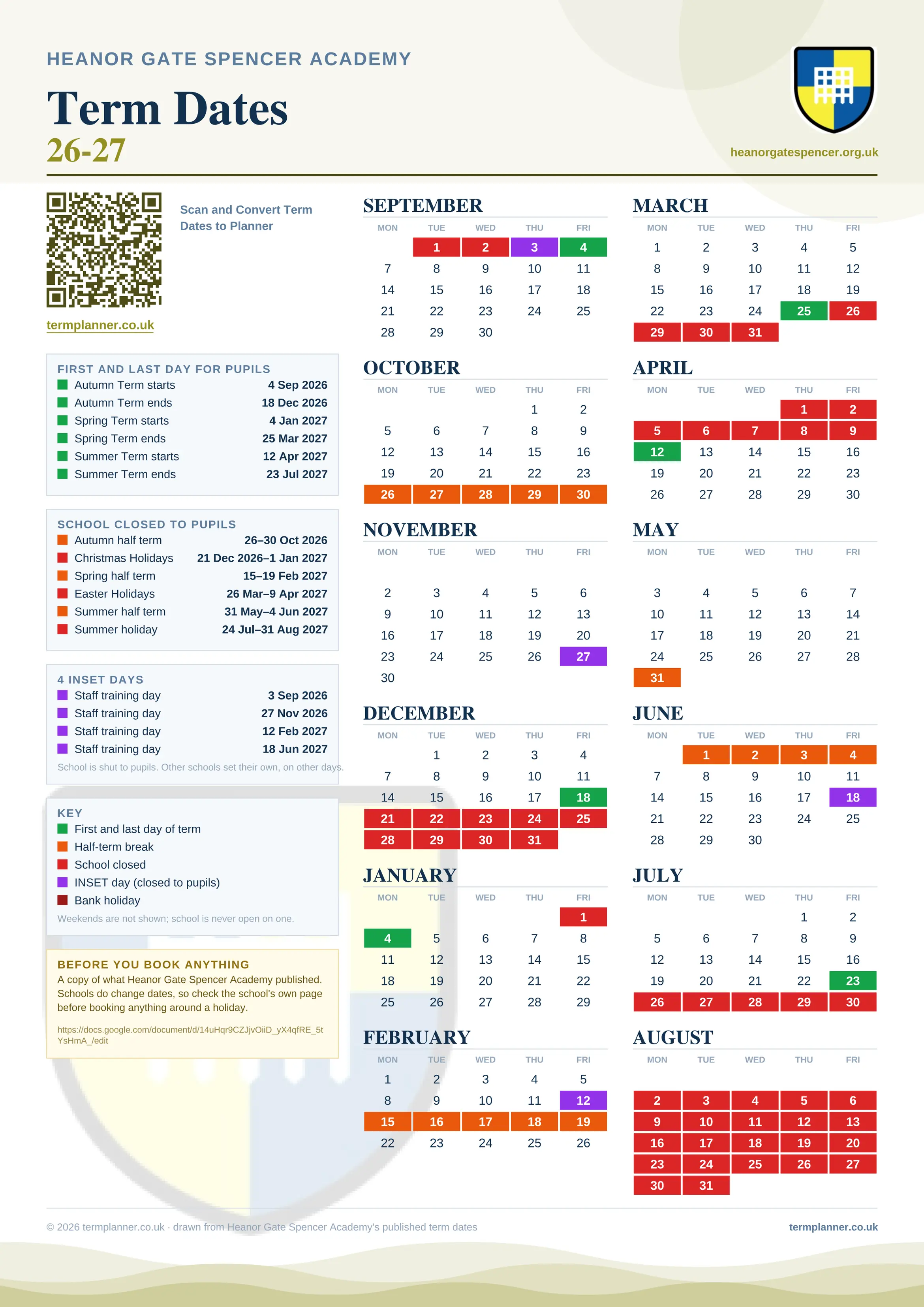 Heanor Gate Spencer Academy’s 2026/27 school year drawn as one sheet: twelve month grids from September to August, Monday to Friday, with autumn term 4 September to 18 December 2026, spring term 4 January to 25 March 2027, summer term 12 April to 23 July 2027. Half terms, holidays and bank holidays are filled in colour, the first and last day of each term is marked, 4 INSET days are picked out, and every date is listed again in words down the left.