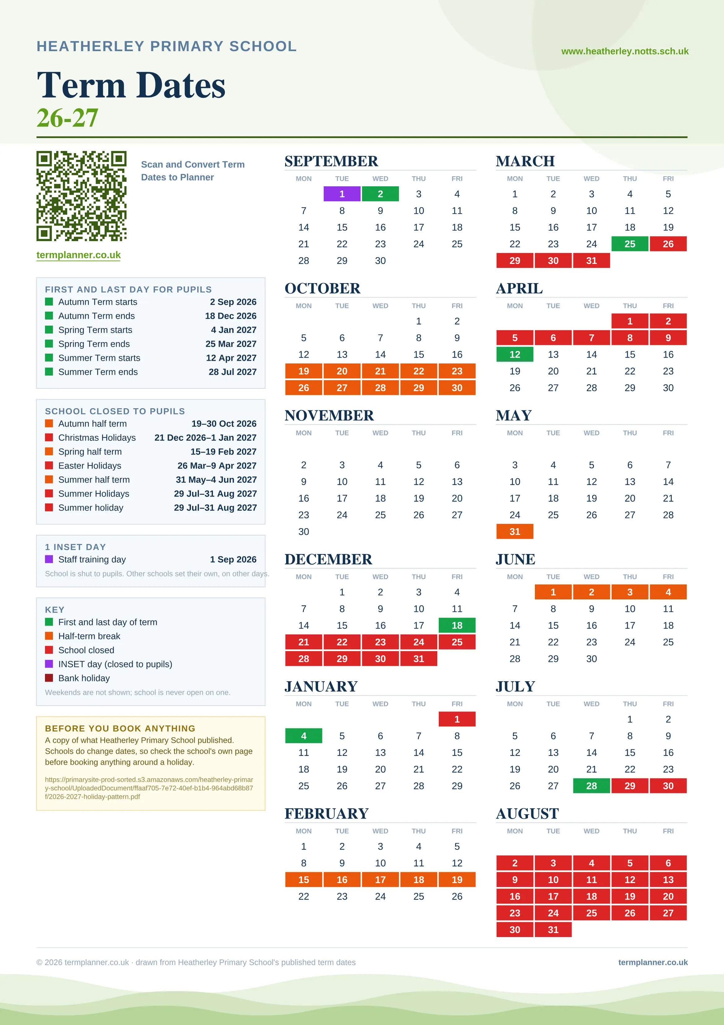 Heatherley Primary School’s 2026/27 school year drawn as one sheet: twelve month grids from September to August, Monday to Friday, with autumn term 2 September to 18 December 2026, spring term 4 January to 25 March 2027, summer term 12 April to 28 July 2027. Half terms, holidays and bank holidays are filled in colour, the first and last day of each term is marked, 1 INSET day is picked out, and every date is listed again in words down the left.