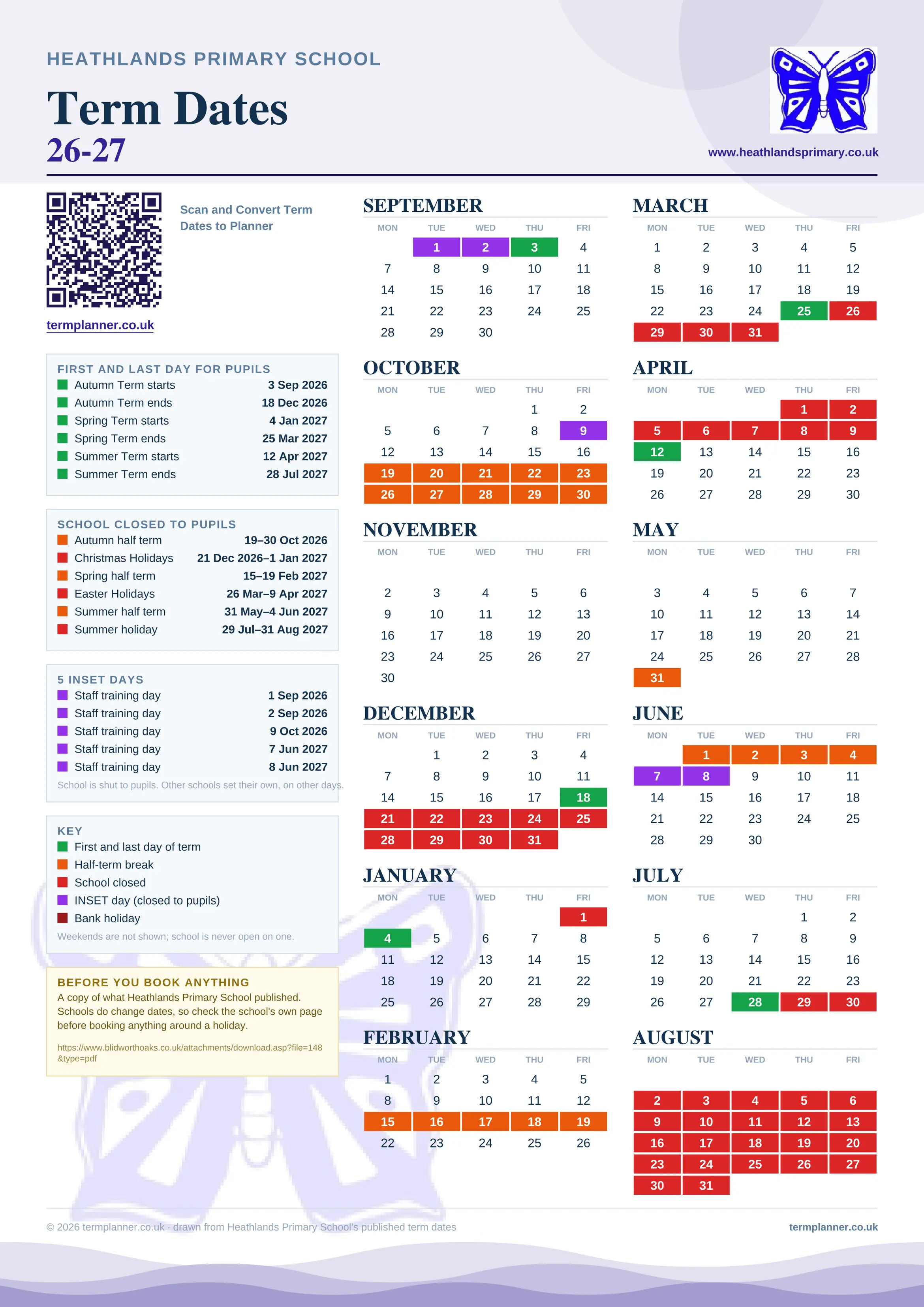 Heathlands Primary School’s 2026/27 school year drawn as one sheet: twelve month grids from September to August, Monday to Friday, with autumn term 3 September to 18 December 2026, spring term 4 January to 25 March 2027, summer term 12 April to 28 July 2027. Half terms, holidays and bank holidays are filled in colour, the first and last day of each term is marked, 5 INSET days are picked out, and every date is listed again in words down the left.