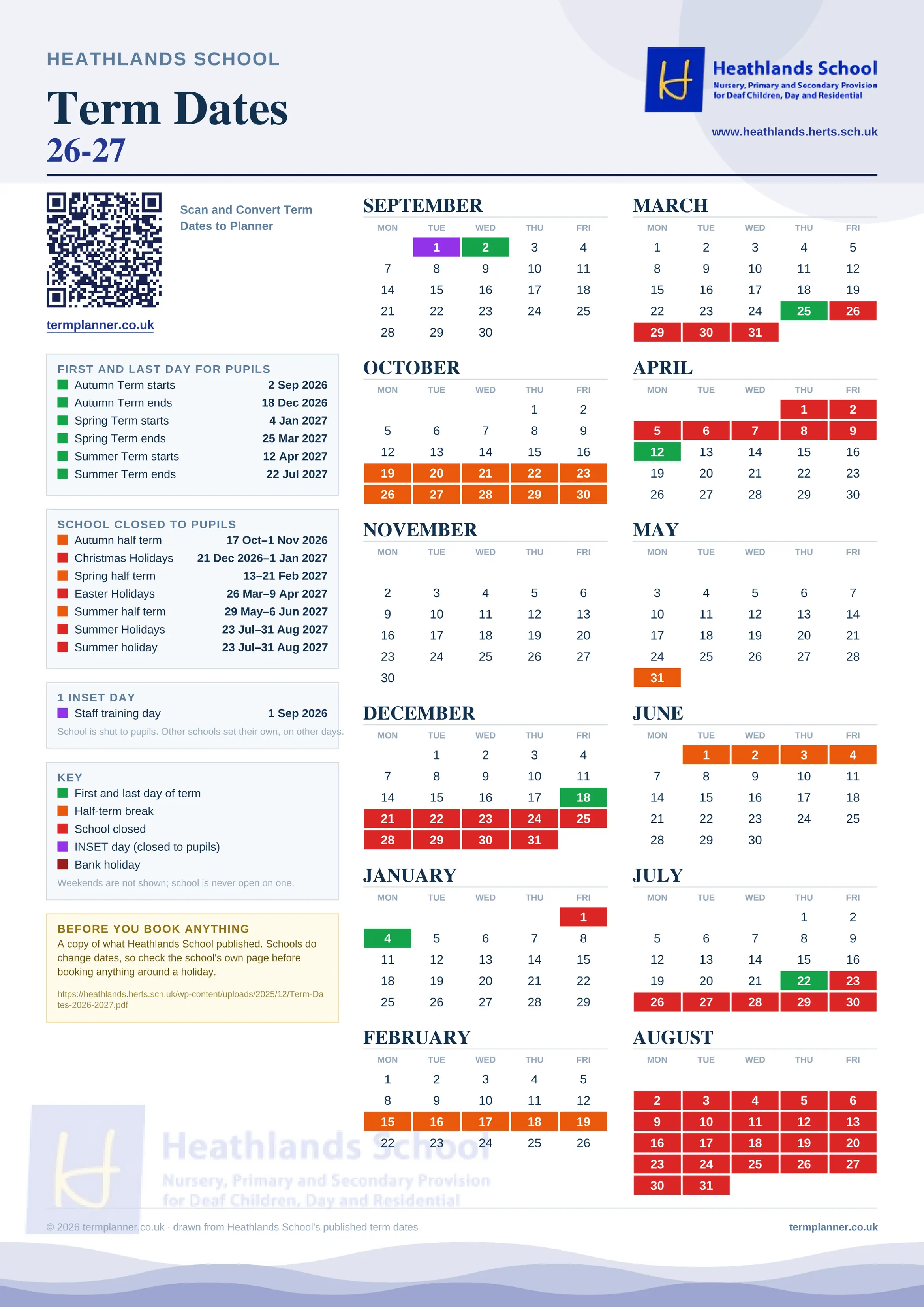 Heathlands School’s 2026/27 school year drawn as one sheet: twelve month grids from September to August, Monday to Friday, with autumn term 2 September to 18 December 2026, spring term 4 January to 25 March 2027, summer term 12 April to 22 July 2027. Half terms, holidays and bank holidays are filled in colour, the first and last day of each term is marked, 1 INSET day is picked out, and every date is listed again in words down the left.