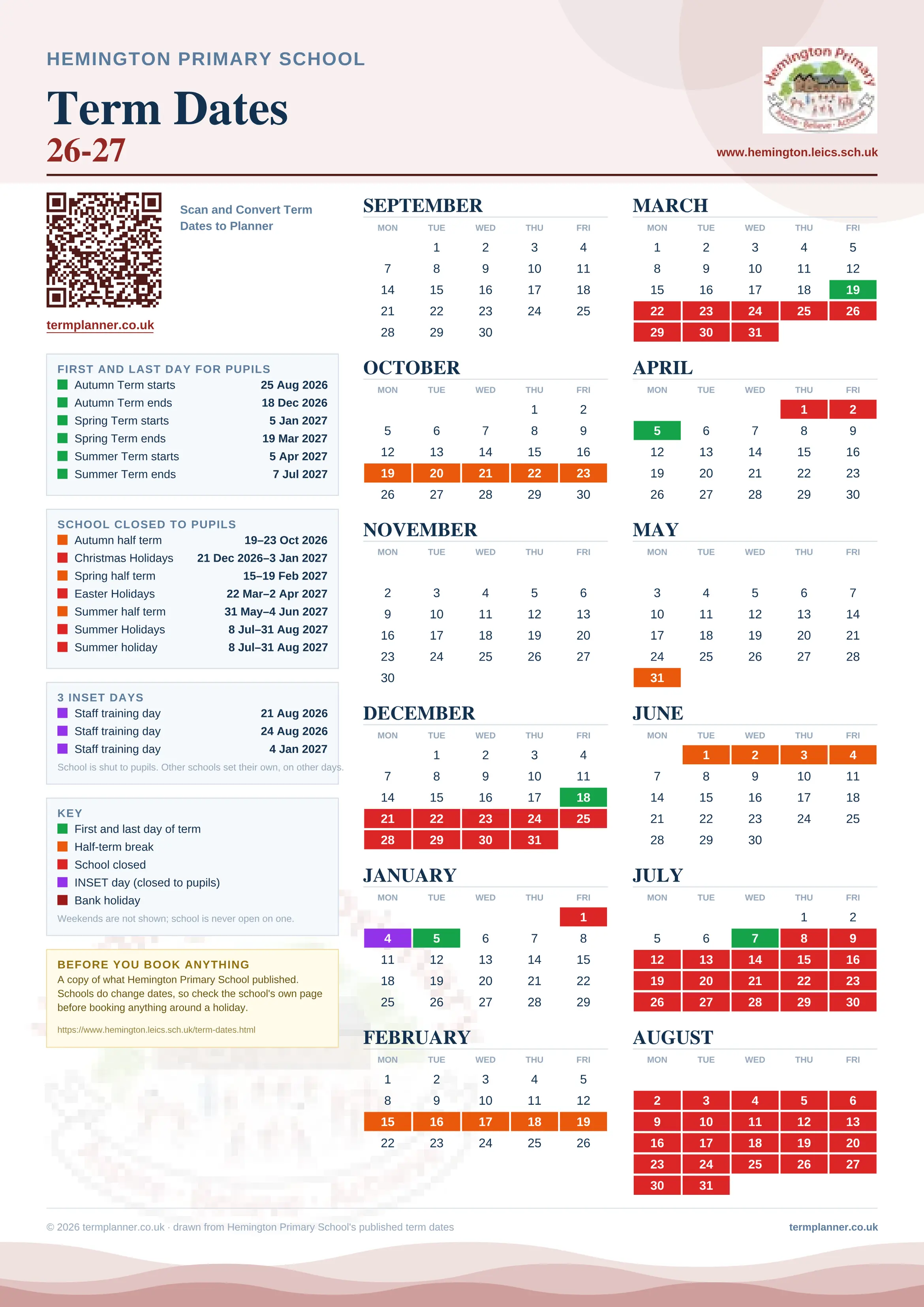 Hemington Primary School’s 2026/27 school year drawn as one sheet: twelve month grids from September to August, Monday to Friday, with autumn term 25 August to 18 December 2026, spring term 5 January to 19 March 2027, summer term 5 April to 7 July 2027. Half terms, holidays and bank holidays are filled in colour, the first and last day of each term is marked, 3 INSET days are picked out, and every date is listed again in words down the left.