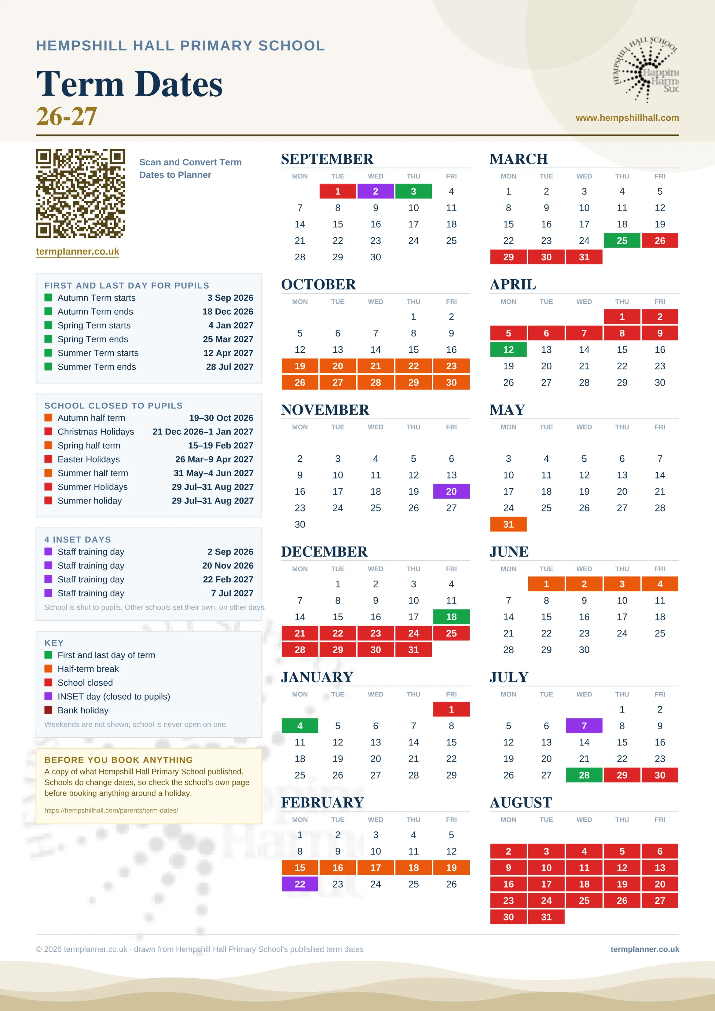 Hempshill Hall Primary School’s 2026/27 school year drawn as one sheet: twelve month grids from September to August, Monday to Friday, with autumn term 3 September to 18 December 2026, spring term 4 January to 25 March 2027, summer term 12 April to 28 July 2027. Half terms, holidays and bank holidays are filled in colour, the first and last day of each term is marked, 4 INSET days are picked out, and every date is listed again in words down the left.