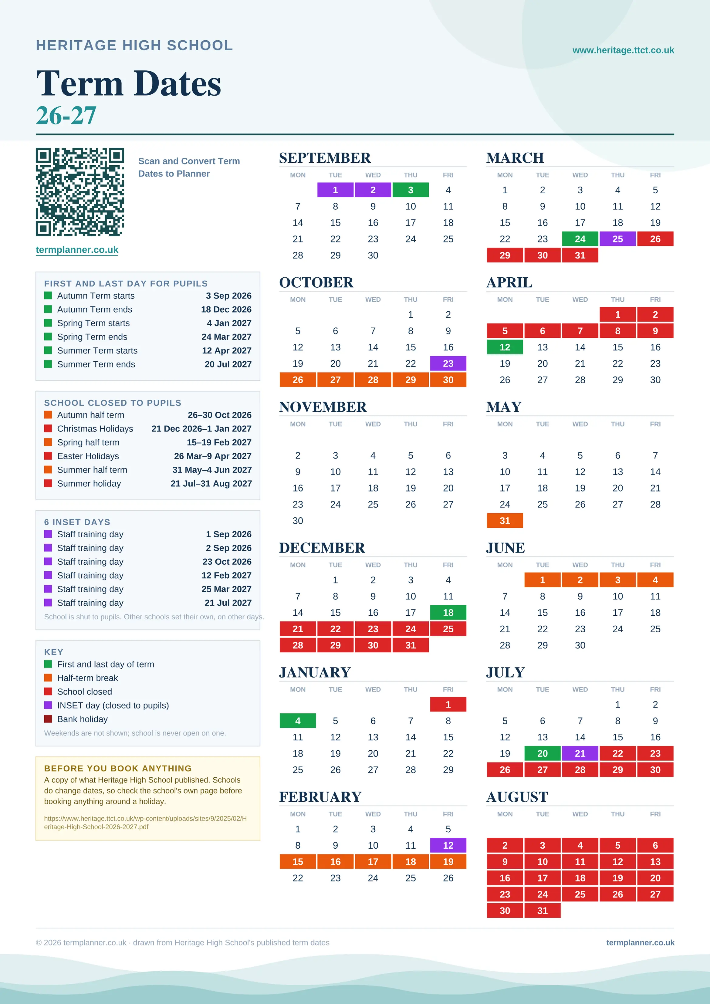 Heritage High School’s 2026/27 school year drawn as one sheet: twelve month grids from September to August, Monday to Friday, with autumn term 3 September to 18 December 2026, spring term 4 January to 24 March 2027, summer term 12 April to 20 July 2027. Half terms, holidays and bank holidays are filled in colour, the first and last day of each term is marked, 6 INSET days are picked out, and every date is listed again in words down the left.