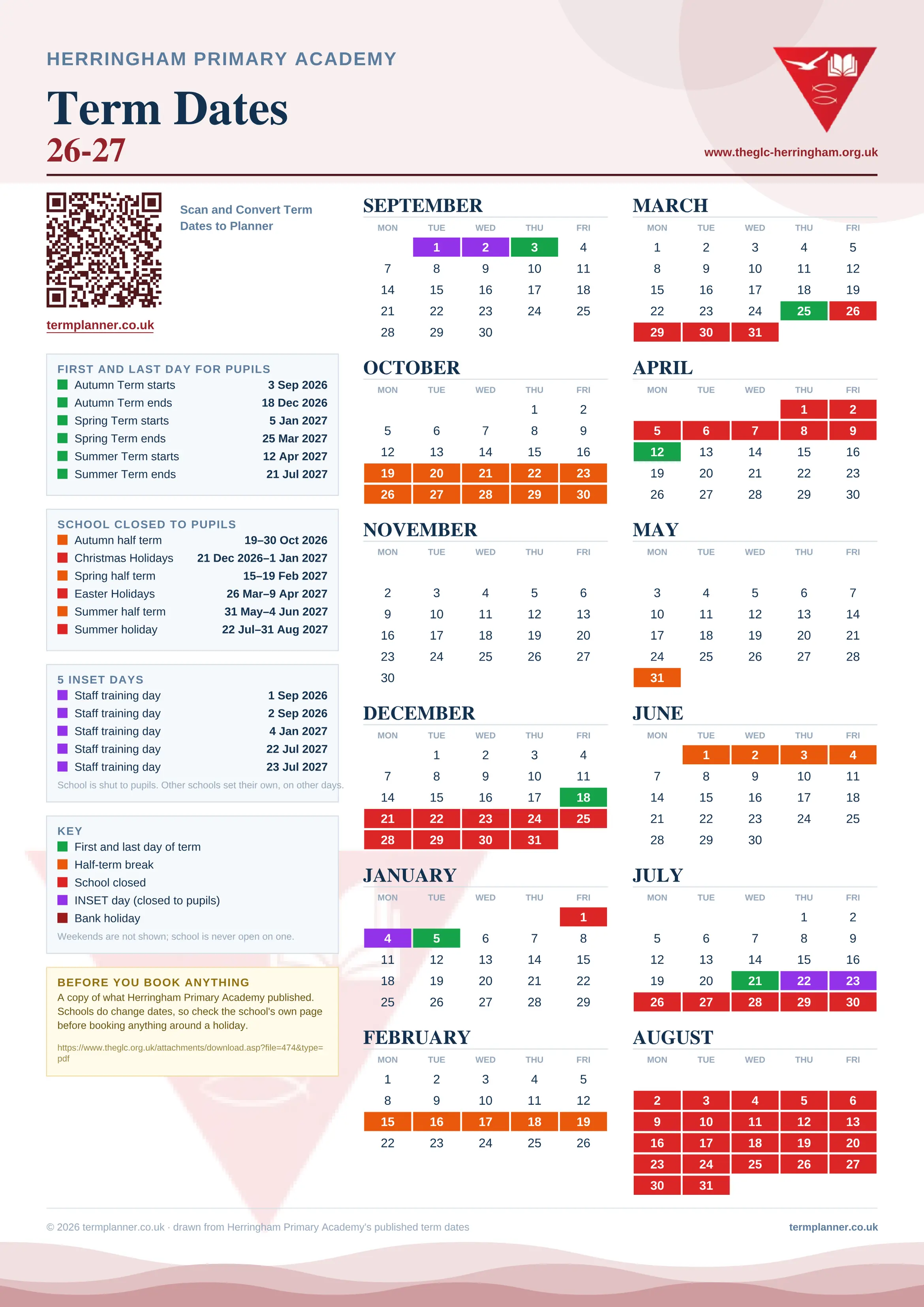 Herringham Primary Academy’s 2026/27 school year drawn as one sheet: twelve month grids from September to August, Monday to Friday, with autumn term 3 September to 18 December 2026, spring term 5 January to 25 March 2027, summer term 12 April to 21 July 2027. Half terms, holidays and bank holidays are filled in colour, the first and last day of each term is marked, 5 INSET days are picked out, and every date is listed again in words down the left.