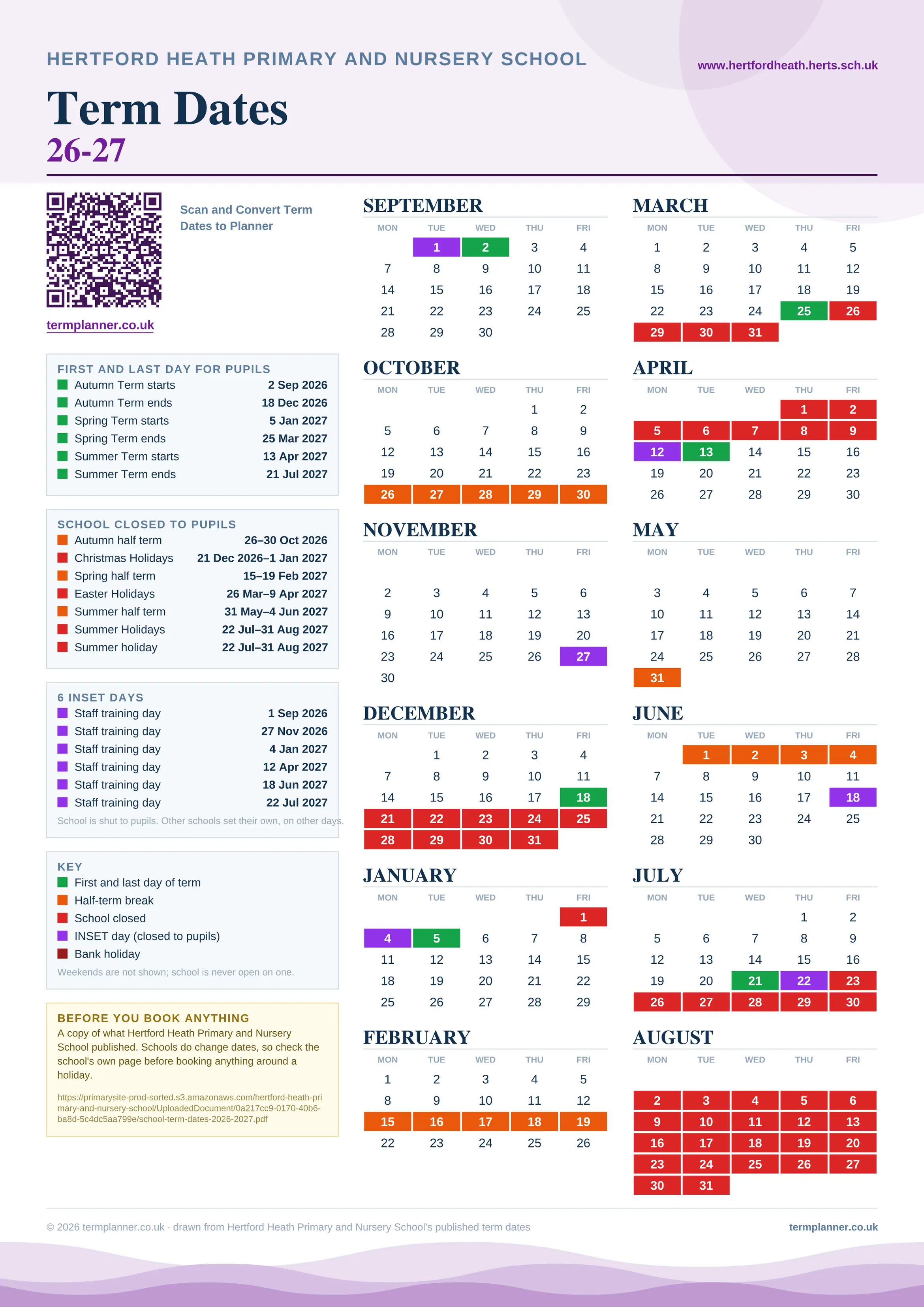 Hertford Heath Primary and Nursery School’s 2026/27 school year drawn as one sheet: twelve month grids from September to August, Monday to Friday, with autumn term 2 September to 18 December 2026, spring term 5 January to 25 March 2027, summer term 13 April to 21 July 2027. Half terms, holidays and bank holidays are filled in colour, the first and last day of each term is marked, 6 INSET days are picked out, and every date is listed again in words down the left.
