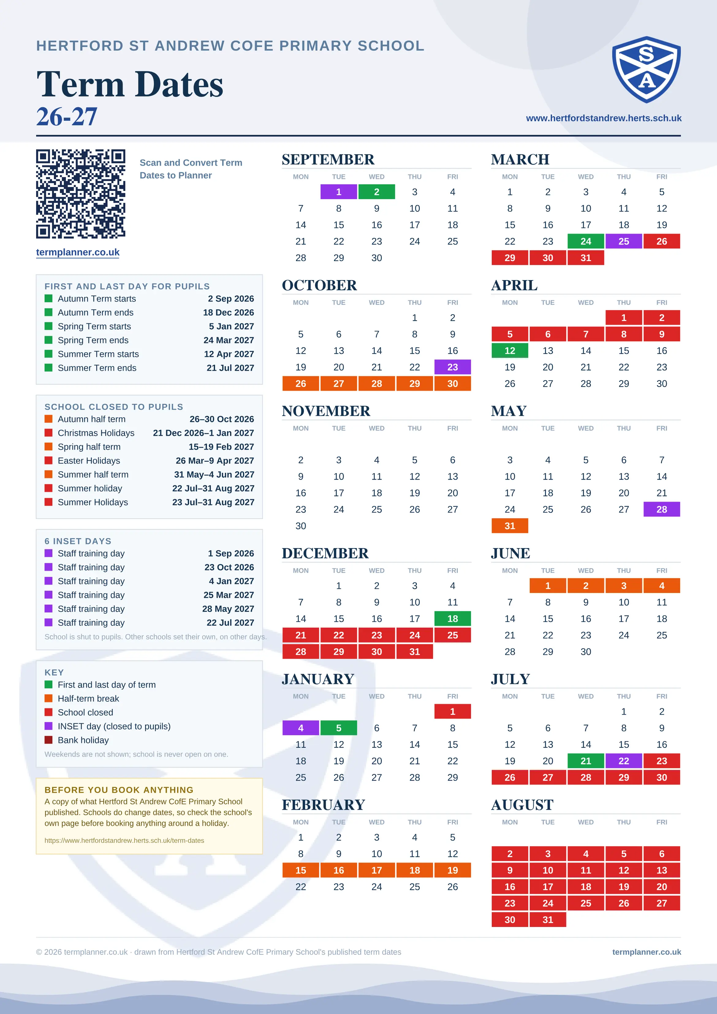 Hertford St Andrew CofE Primary School’s 2026/27 school year drawn as one sheet: twelve month grids from September to August, Monday to Friday, with autumn term 2 September to 18 December 2026, spring term 5 January to 24 March 2027, summer term 12 April to 21 July 2027. Half terms, holidays and bank holidays are filled in colour, the first and last day of each term is marked, 6 INSET days are picked out, and every date is listed again in words down the left.