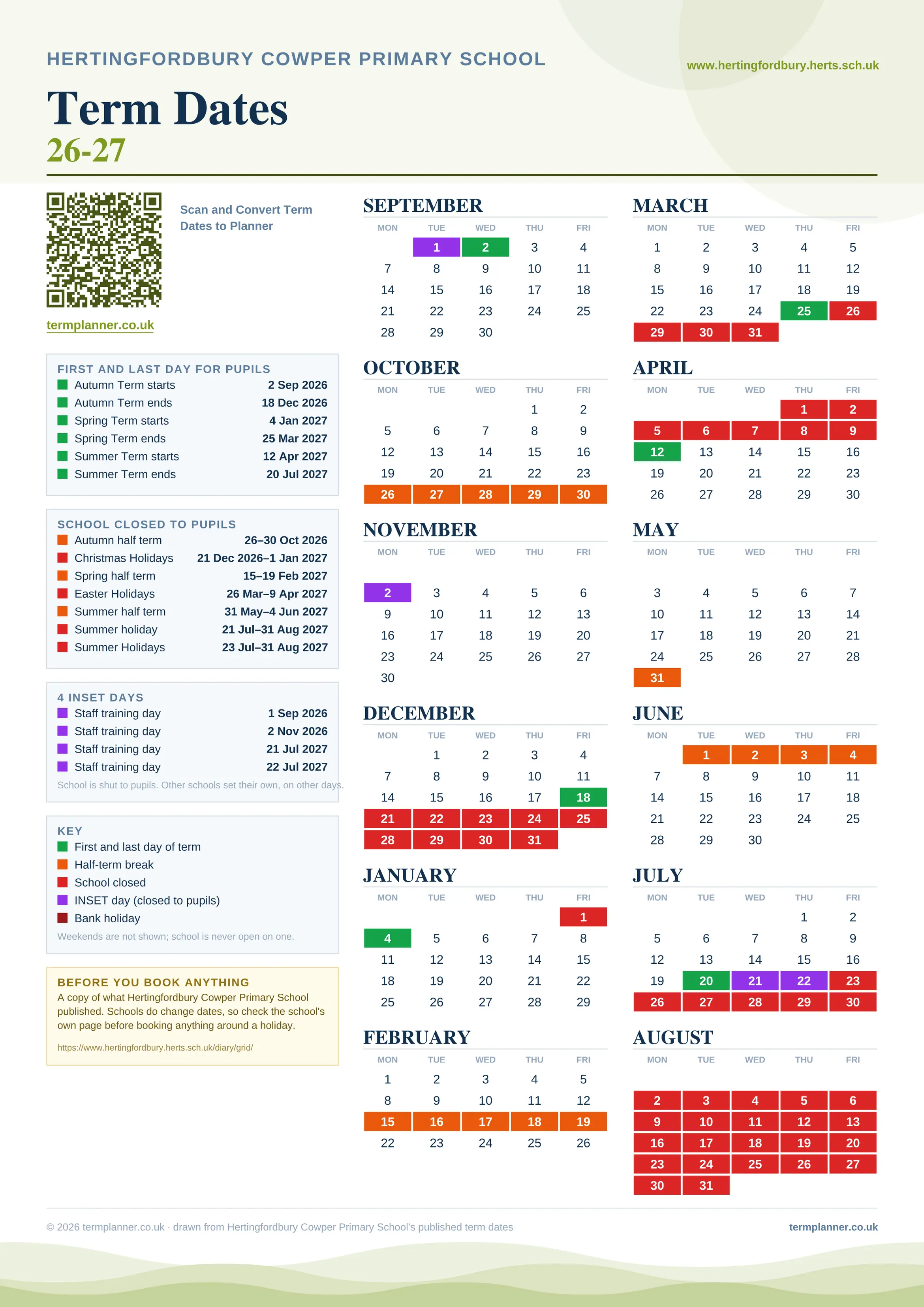 Hertingfordbury Cowper Primary School’s 2026/27 school year drawn as one sheet: twelve month grids from September to August, Monday to Friday, with autumn term 2 September to 18 December 2026, spring term 4 January to 25 March 2027, summer term 12 April to 20 July 2027. Half terms, holidays and bank holidays are filled in colour, the first and last day of each term is marked, 4 INSET days are picked out, and every date is listed again in words down the left.