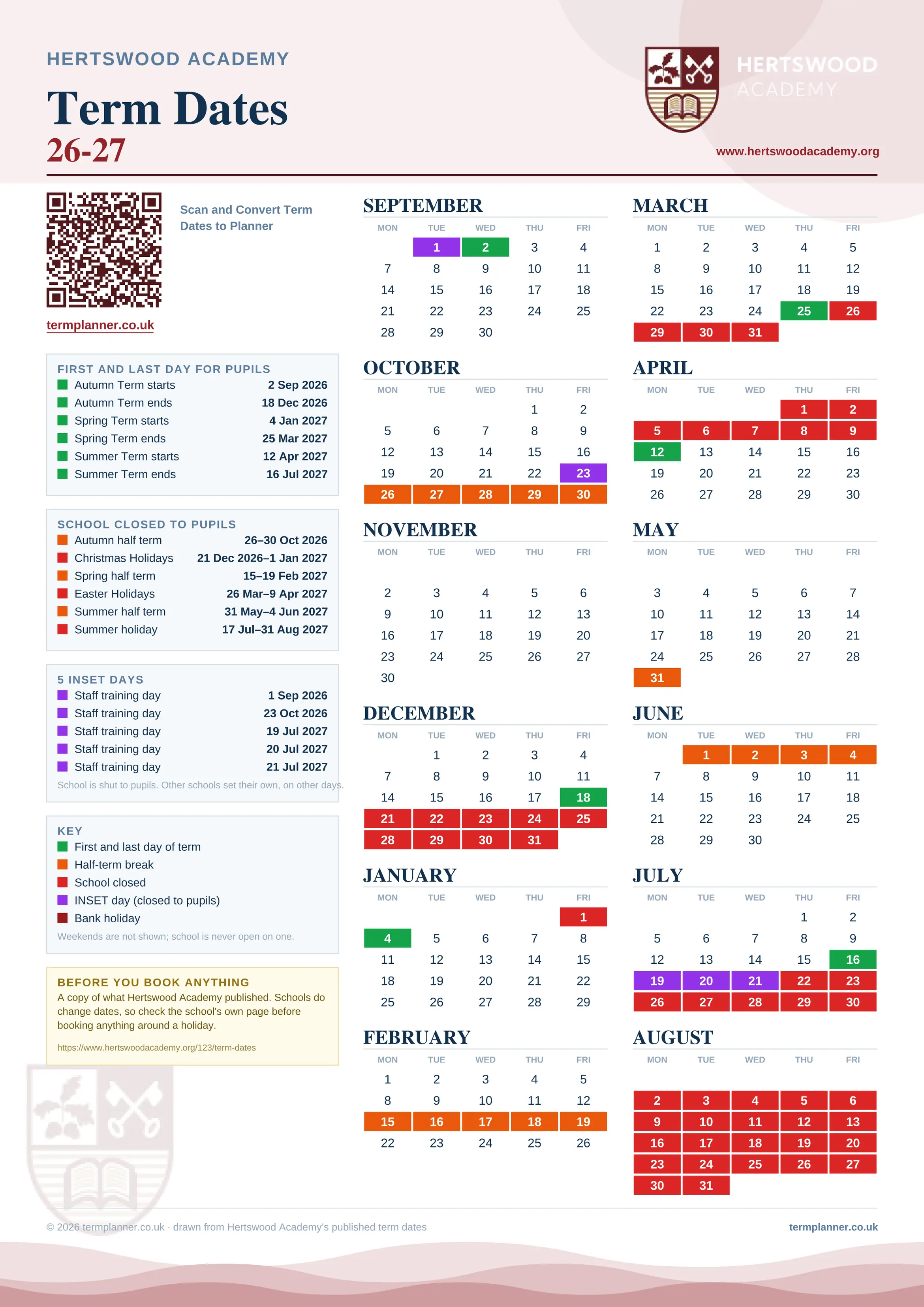 Hertswood Academy’s 2026/27 school year drawn as one sheet: twelve month grids from September to August, Monday to Friday, with autumn term 2 September to 18 December 2026, spring term 4 January to 25 March 2027, summer term 12 April to 16 July 2027. Half terms, holidays and bank holidays are filled in colour, the first and last day of each term is marked, 5 INSET days are picked out, and every date is listed again in words down the left.