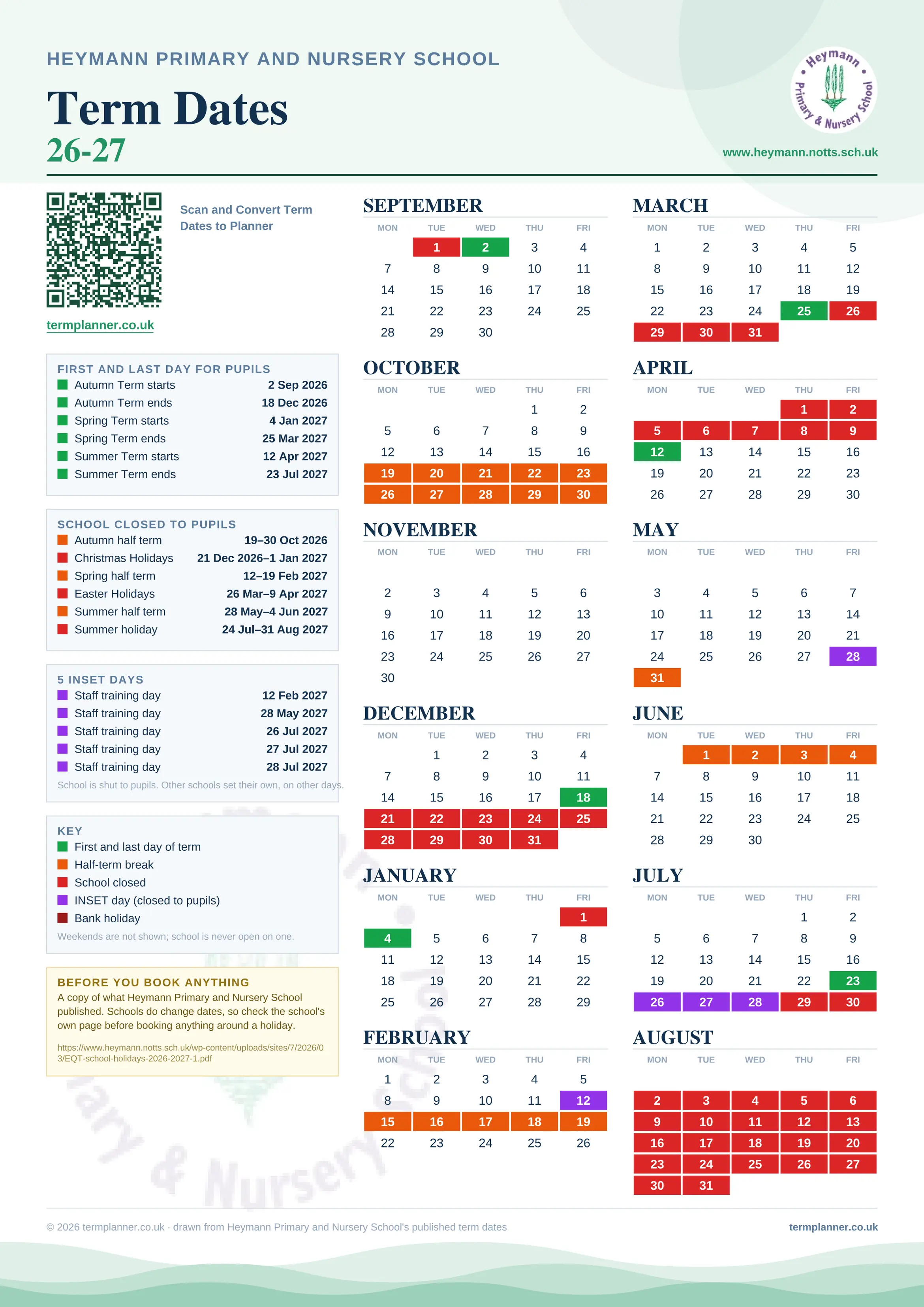 Heymann Primary and Nursery School’s 2026/27 school year drawn as one sheet: twelve month grids from September to August, Monday to Friday, with autumn term 2 September to 18 December 2026, spring term 4 January to 25 March 2027, summer term 12 April to 23 July 2027. Half terms, holidays and bank holidays are filled in colour, the first and last day of each term is marked, 5 INSET days are picked out, and every date is listed again in words down the left.