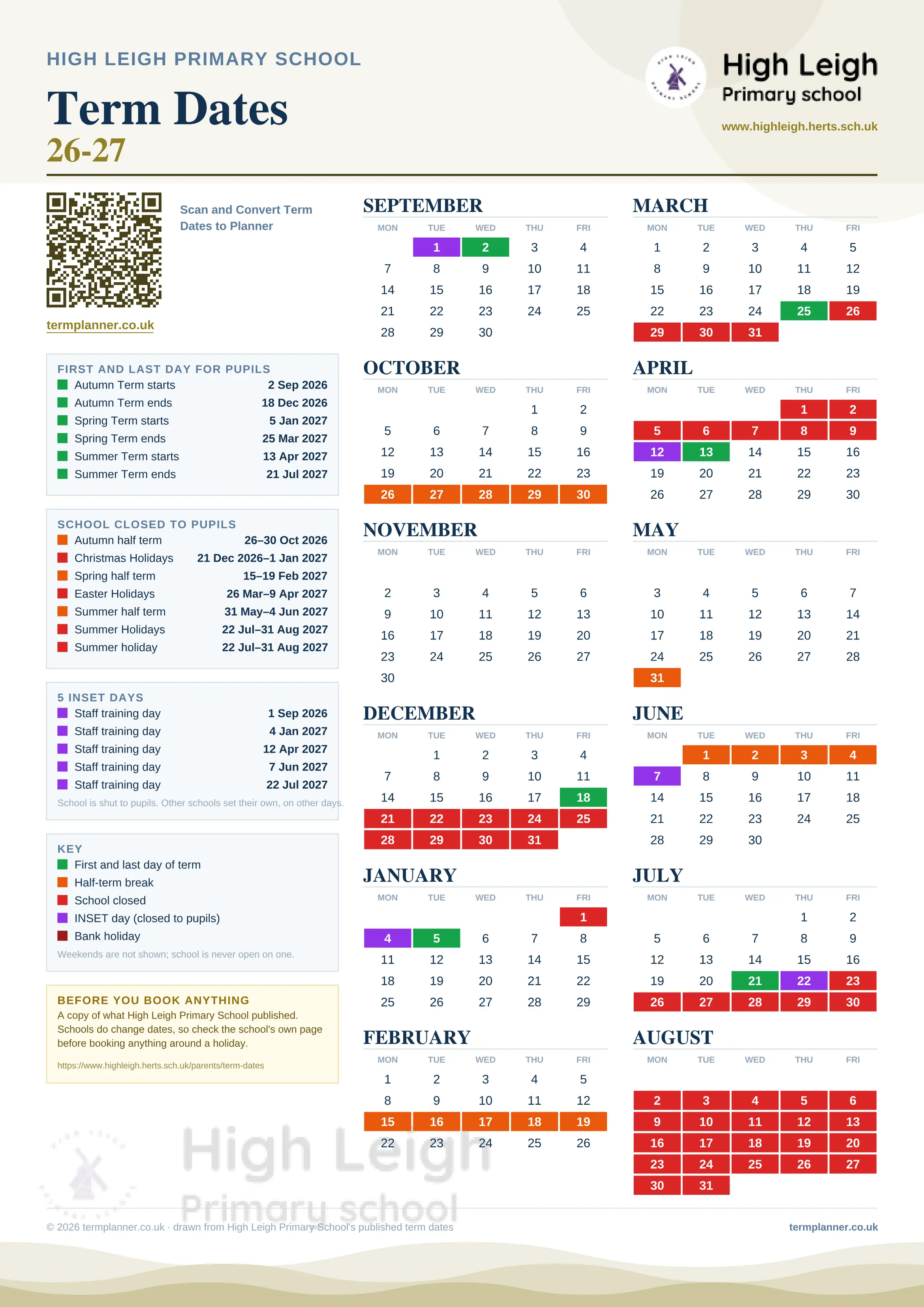 High Leigh Primary School’s 2026/27 school year drawn as one sheet: twelve month grids from September to August, Monday to Friday, with autumn term 2 September to 18 December 2026, spring term 5 January to 25 March 2027, summer term 13 April to 21 July 2027. Half terms, holidays and bank holidays are filled in colour, the first and last day of each term is marked, 5 INSET days are picked out, and every date is listed again in words down the left.