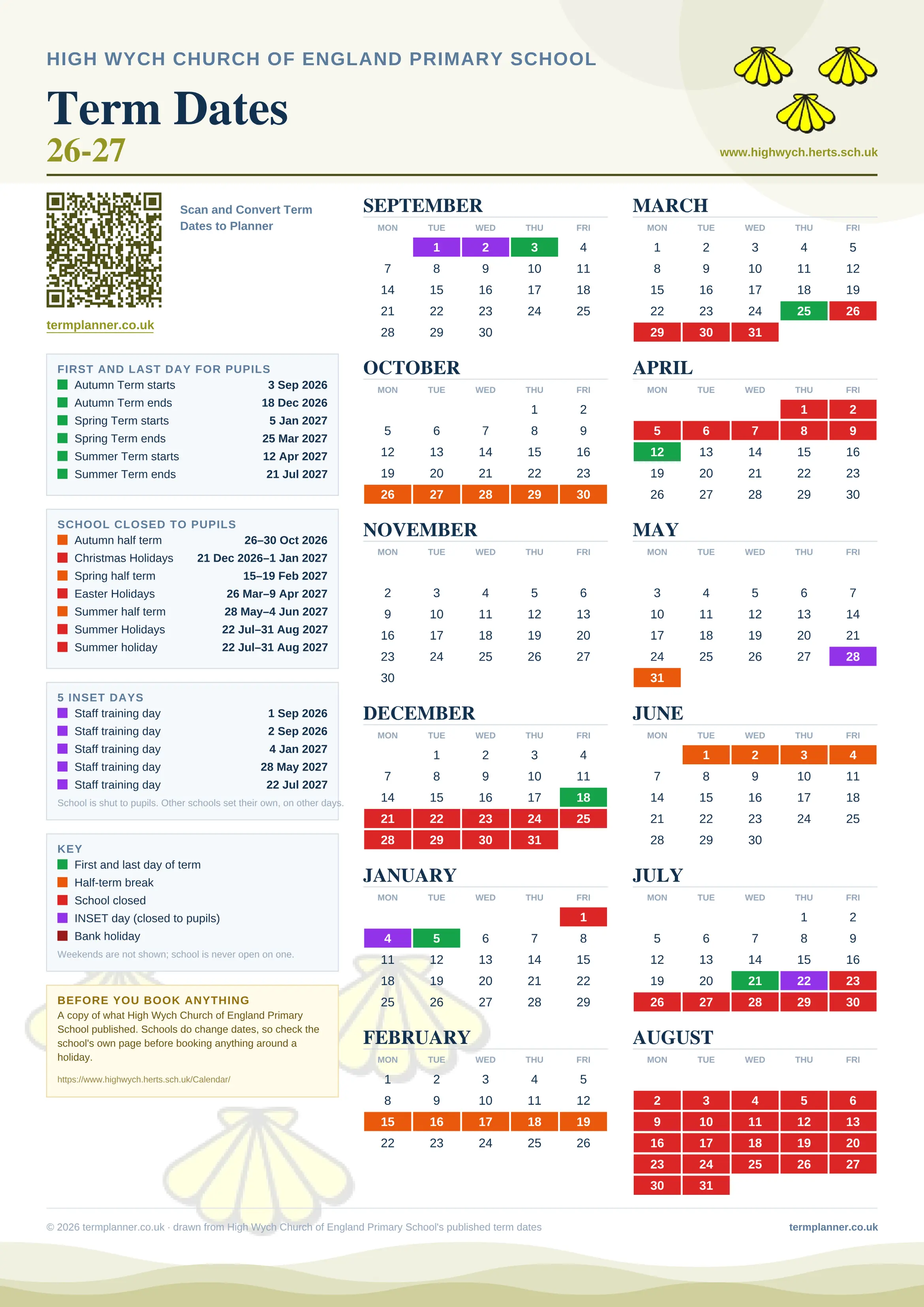 High Wych Church of England Primary School’s 2026/27 school year drawn as one sheet: twelve month grids from September to August, Monday to Friday, with autumn term 3 September to 18 December 2026, spring term 5 January to 25 March 2027, summer term 12 April to 21 July 2027. Half terms, holidays and bank holidays are filled in colour, the first and last day of each term is marked, 5 INSET days are picked out, and every date is listed again in words down the left.