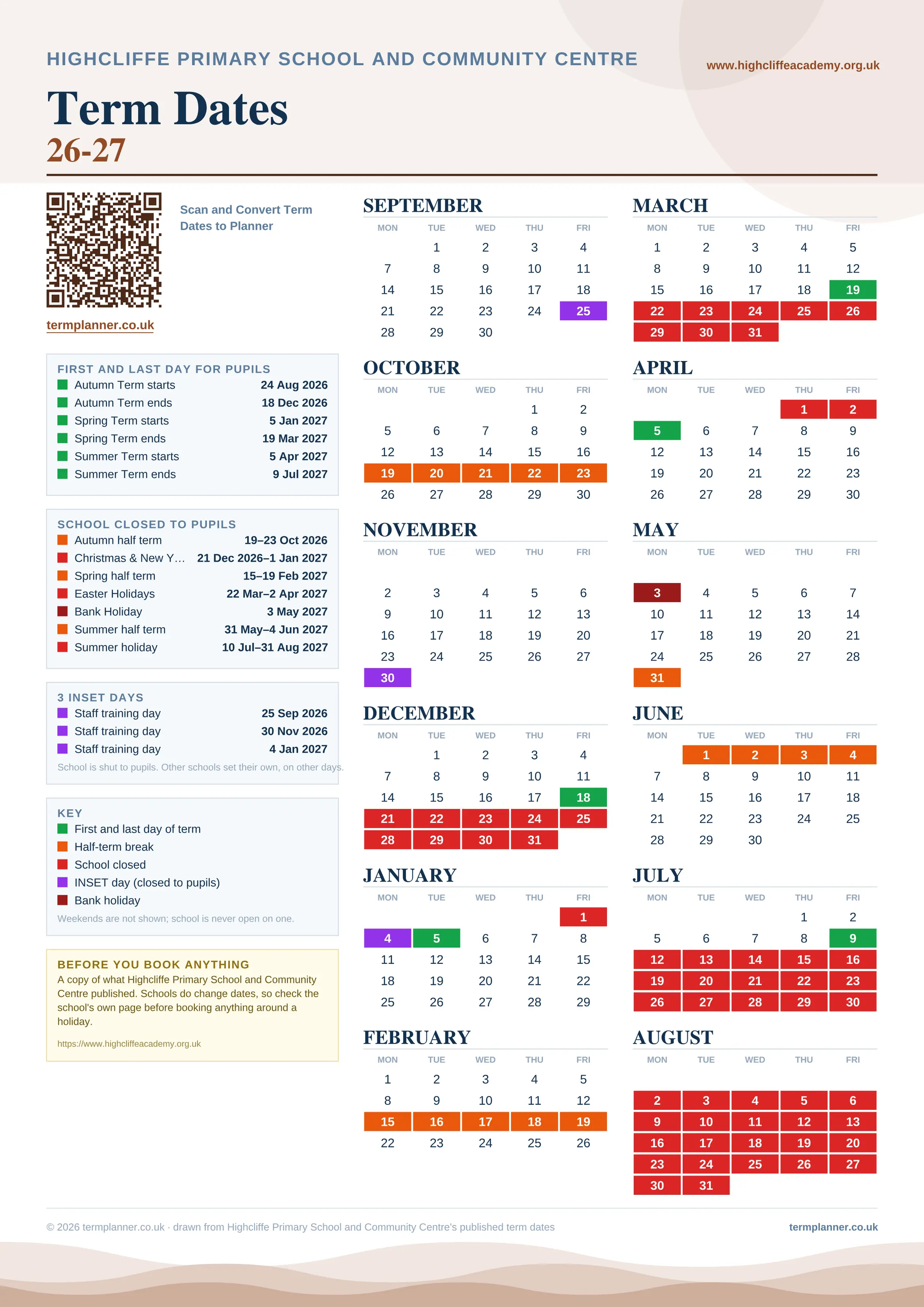 Highcliffe Primary School and Community Centre’s 2026/27 school year drawn as one sheet: twelve month grids from September to August, Monday to Friday, with autumn term 24 August to 18 December 2026, spring term 5 January to 19 March 2027, summer term 5 April to 9 July 2027. Half terms, holidays and bank holidays are filled in colour, the first and last day of each term is marked, 3 INSET days are picked out, and every date is listed again in words down the left.