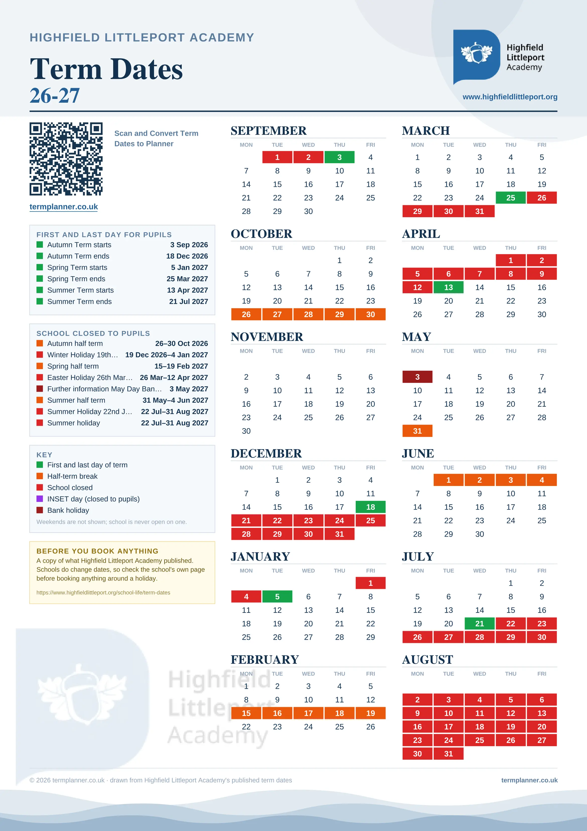 Highfield Littleport Academy’s 2026/27 school year drawn as one sheet: twelve month grids from September to August, Monday to Friday, with autumn term 3 September to 18 December 2026, spring term 5 January to 25 March 2027, summer term 13 April to 21 July 2027. Half terms, holidays and bank holidays are filled in colour, the first and last day of each term is marked, and every date is listed again in words down the left.