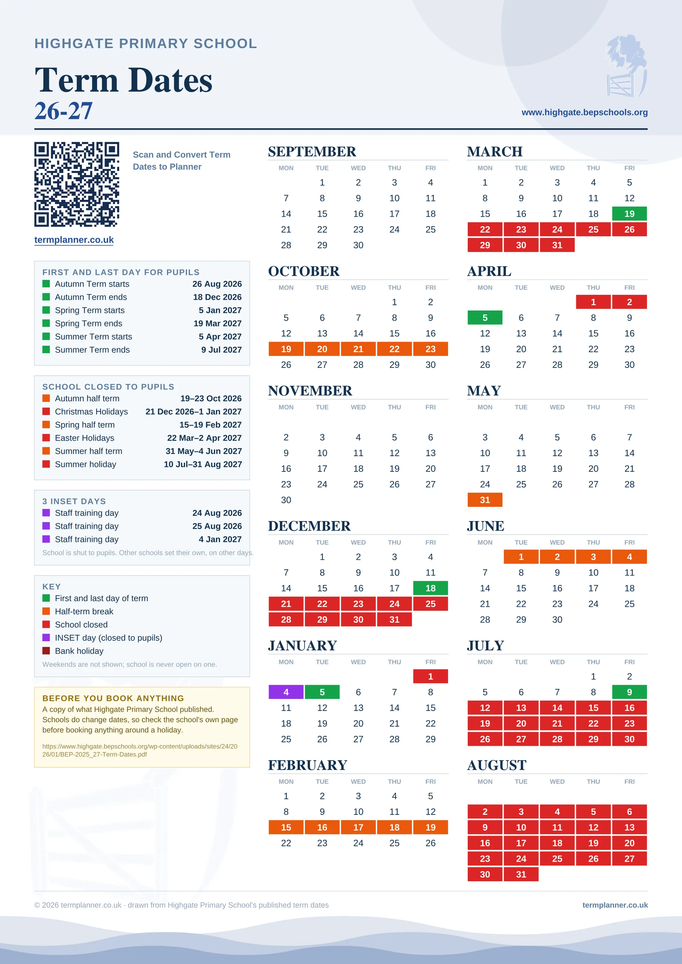 Highgate Primary School’s 2026/27 school year drawn as one sheet: twelve month grids from September to August, Monday to Friday, with autumn term 26 August to 18 December 2026, spring term 5 January to 19 March 2027, summer term 5 April to 9 July 2027. Half terms, holidays and bank holidays are filled in colour, the first and last day of each term is marked, 3 INSET days are picked out, and every date is listed again in words down the left.
