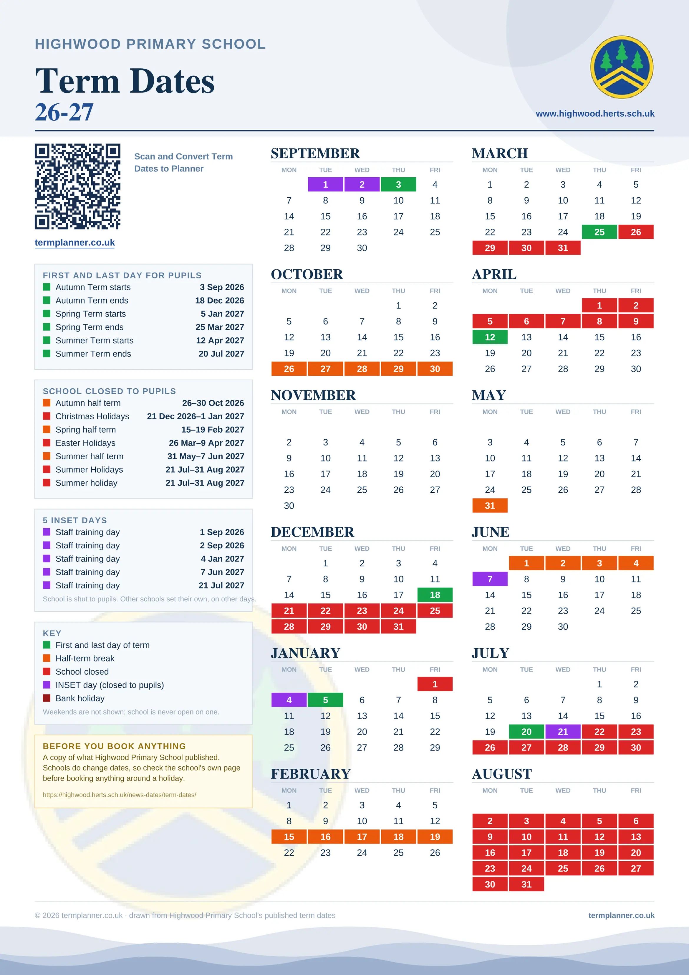 Highwood Primary School’s 2026/27 school year drawn as one sheet: twelve month grids from September to August, Monday to Friday, with autumn term 3 September to 18 December 2026, spring term 5 January to 25 March 2027, summer term 12 April to 20 July 2027. Half terms, holidays and bank holidays are filled in colour, the first and last day of each term is marked, 5 INSET days are picked out, and every date is listed again in words down the left.
