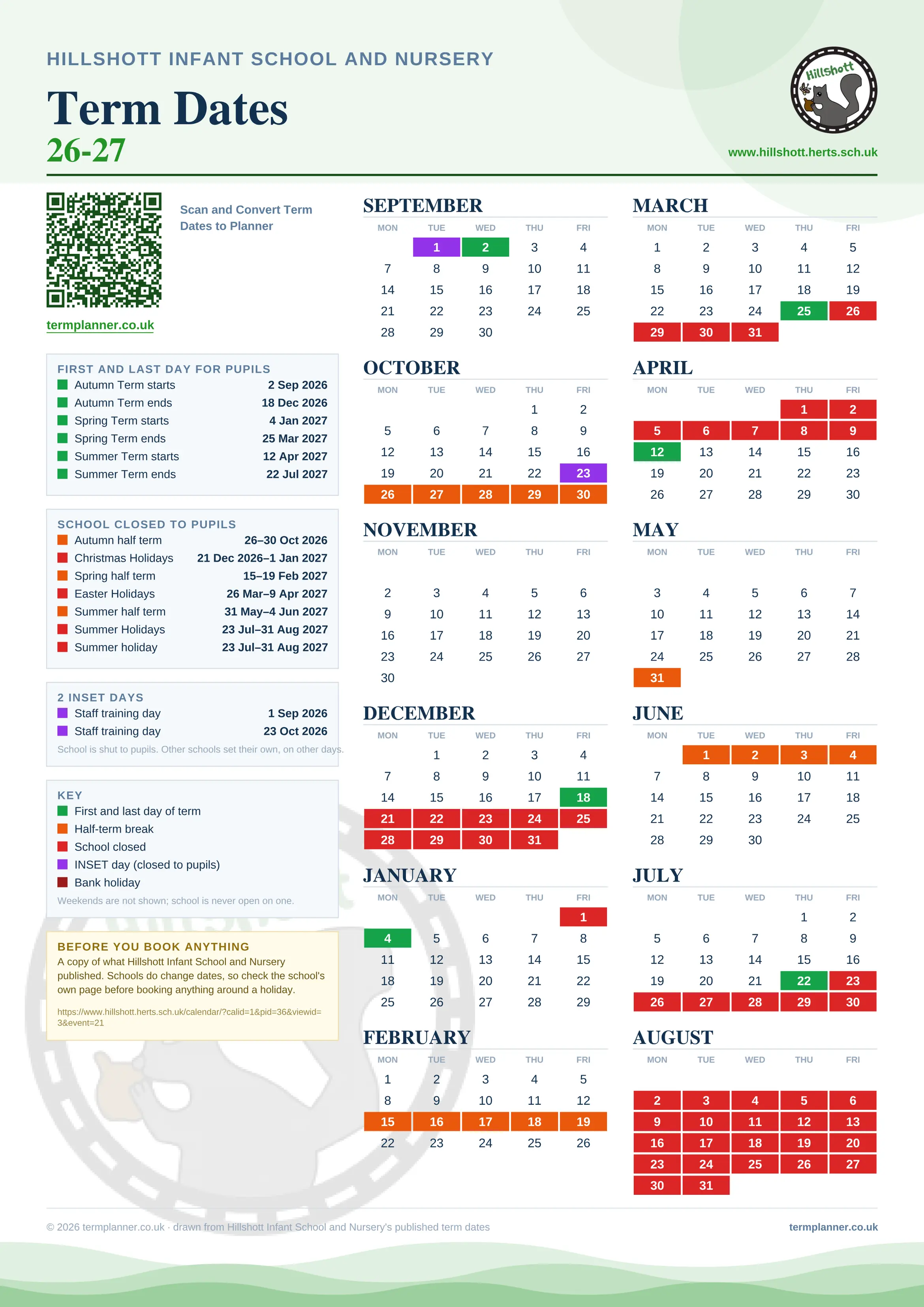 Hillshott Infant School and Nursery’s 2026/27 school year drawn as one sheet: twelve month grids from September to August, Monday to Friday, with autumn term 2 September to 18 December 2026, spring term 4 January to 25 March 2027, summer term 12 April to 22 July 2027. Half terms, holidays and bank holidays are filled in colour, the first and last day of each term is marked, 2 INSET days are picked out, and every date is listed again in words down the left.