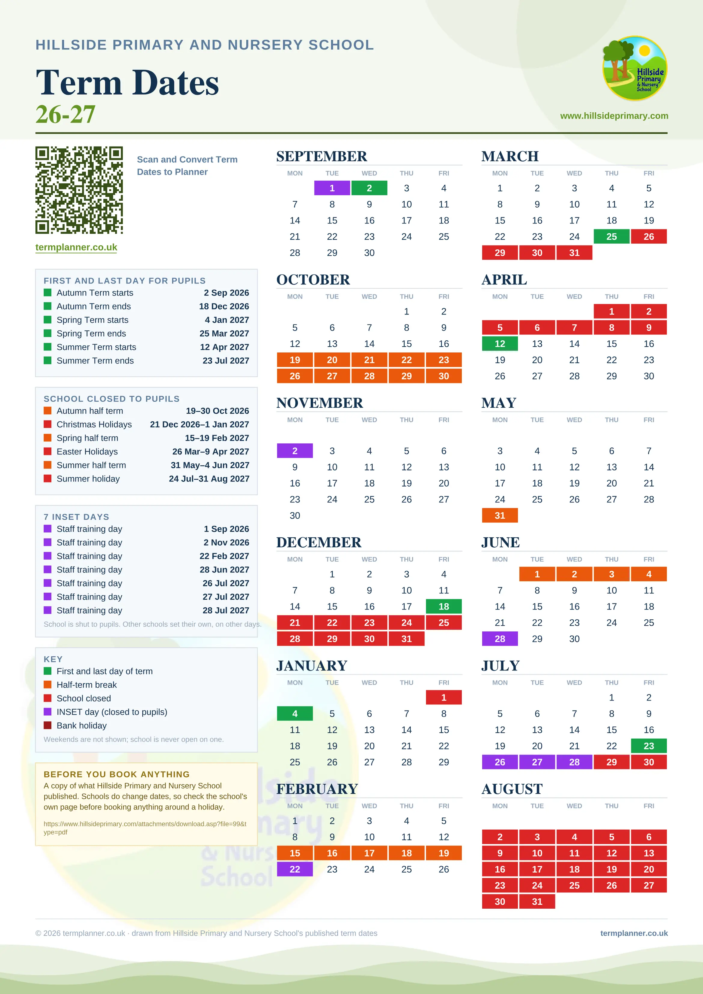Hillside Primary and Nursery School’s 2026/27 school year drawn as one sheet: twelve month grids from September to August, Monday to Friday, with autumn term 2 September to 18 December 2026, spring term 4 January to 25 March 2027, summer term 12 April to 23 July 2027. Half terms, holidays and bank holidays are filled in colour, the first and last day of each term is marked, 7 INSET days are picked out, and every date is listed again in words down the left.