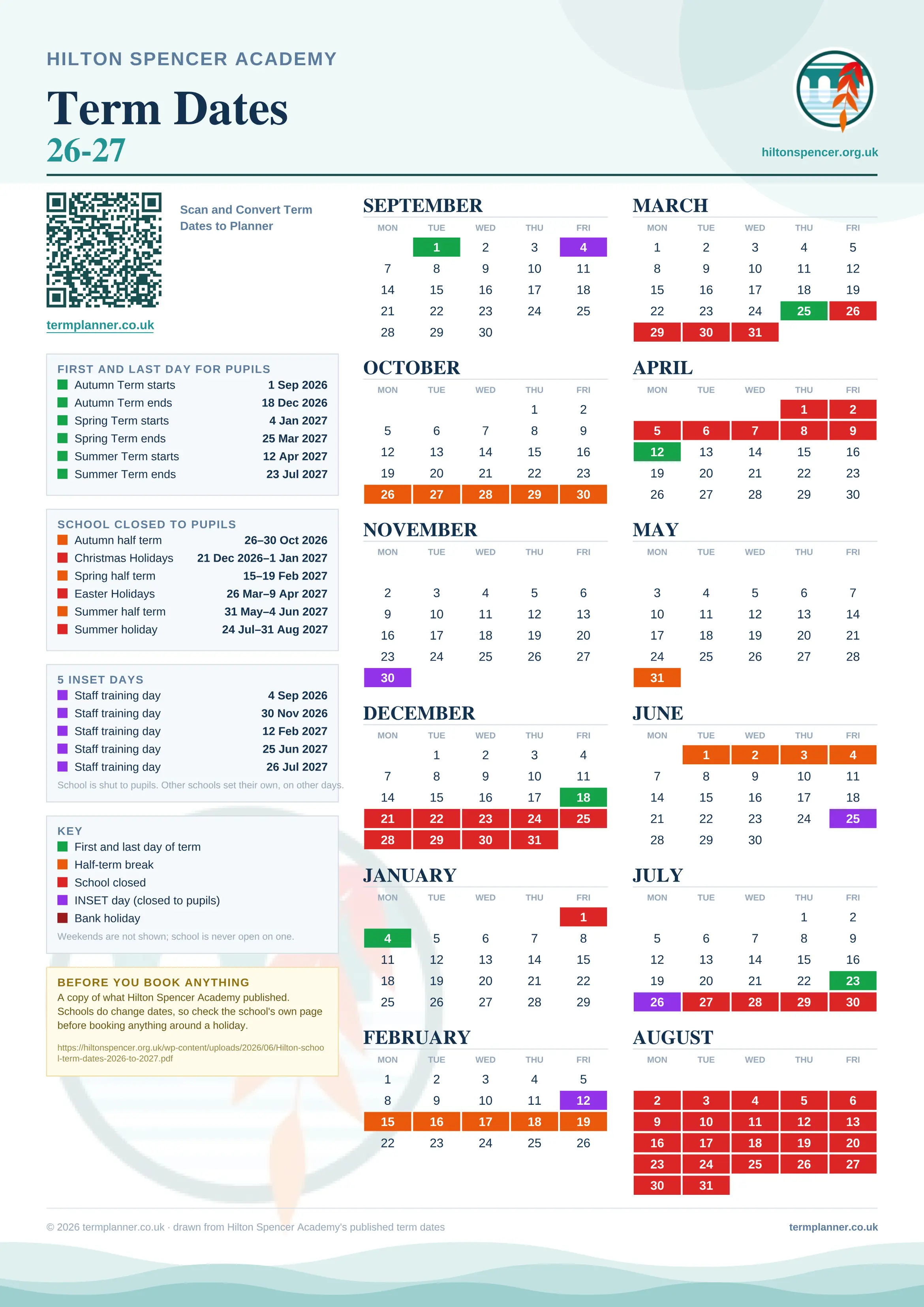 Hilton Spencer Academy’s 2026/27 school year drawn as one sheet: twelve month grids from September to August, Monday to Friday, with autumn term 1 September to 18 December 2026, spring term 4 January to 25 March 2027, summer term 12 April to 23 July 2027. Half terms, holidays and bank holidays are filled in colour, the first and last day of each term is marked, 5 INSET days are picked out, and every date is listed again in words down the left.