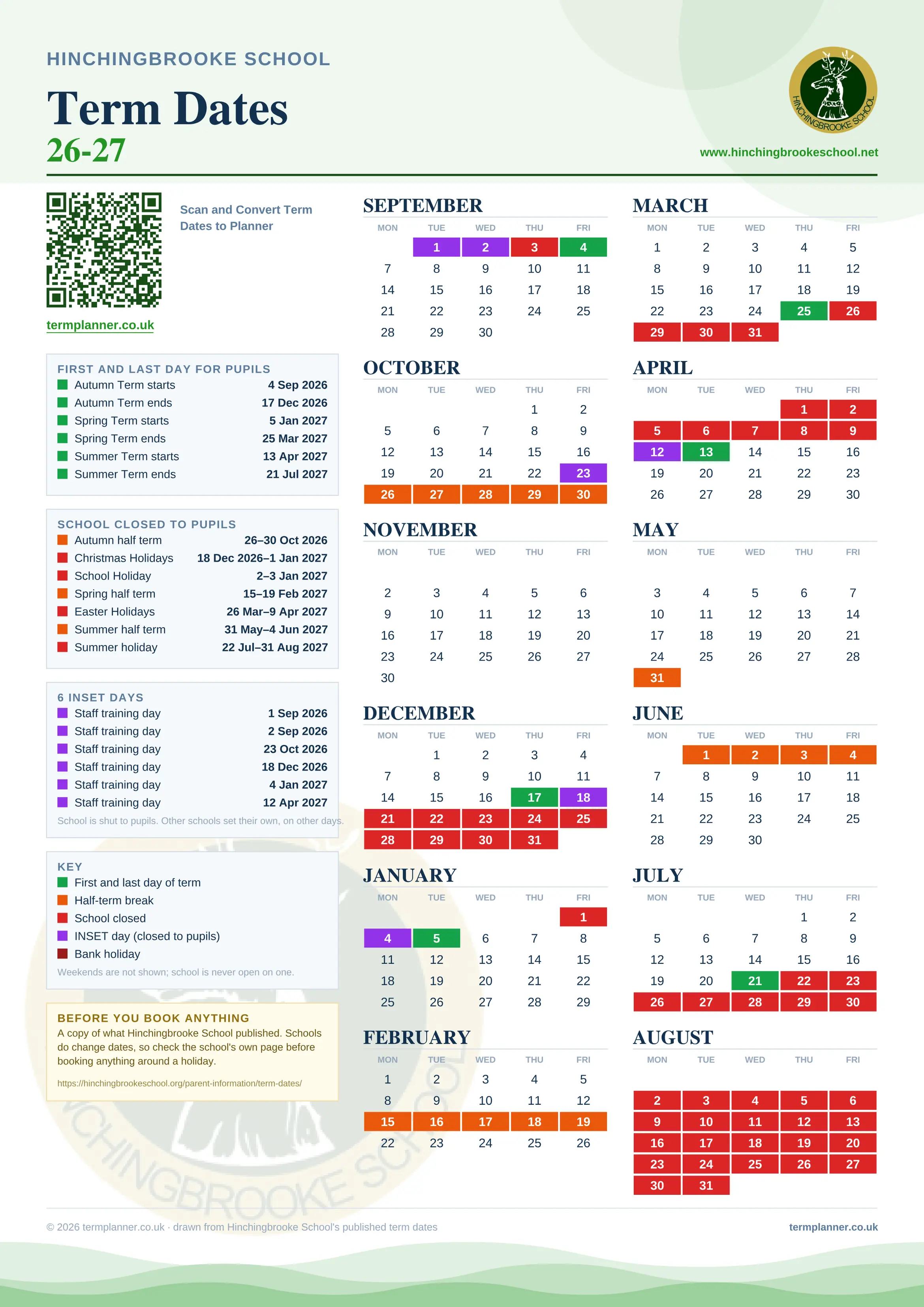 Hinchingbrooke School’s 2026/27 school year drawn as one sheet: twelve month grids from September to August, Monday to Friday, with autumn term 4 September to 17 December 2026, spring term 5 January to 25 March 2027, summer term 13 April to 21 July 2027. Half terms, holidays and bank holidays are filled in colour, the first and last day of each term is marked, 6 INSET days are picked out, and every date is listed again in words down the left.