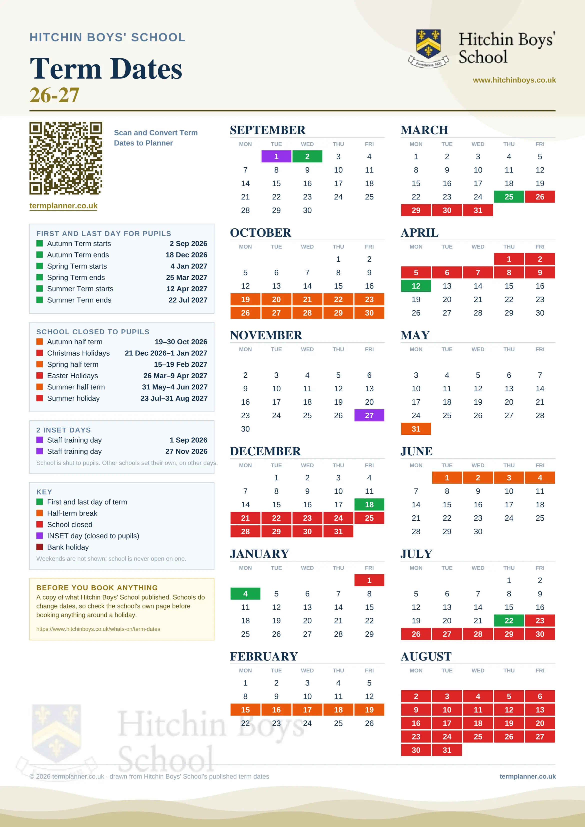 Hitchin Boys' School’s 2026/27 school year drawn as one sheet: twelve month grids from September to August, Monday to Friday, with autumn term 2 September to 18 December 2026, spring term 4 January to 25 March 2027, summer term 12 April to 22 July 2027. Half terms, holidays and bank holidays are filled in colour, the first and last day of each term is marked, 2 INSET days are picked out, and every date is listed again in words down the left.