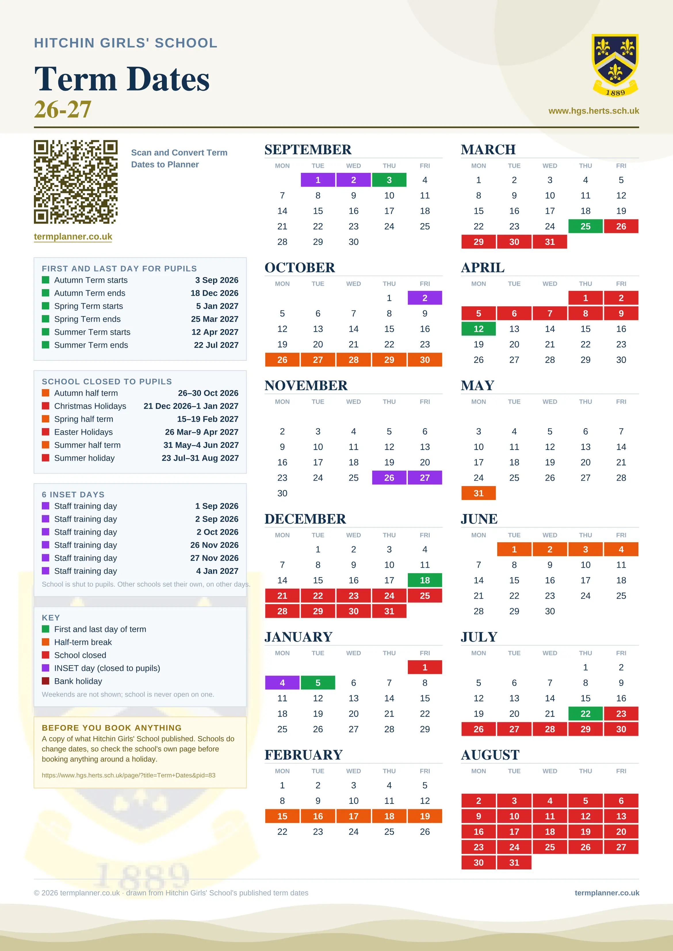 Hitchin Girls' School’s 2026/27 school year drawn as one sheet: twelve month grids from September to August, Monday to Friday, with autumn term 3 September to 18 December 2026, spring term 5 January to 25 March 2027, summer term 12 April to 22 July 2027. Half terms, holidays and bank holidays are filled in colour, the first and last day of each term is marked, 6 INSET days are picked out, and every date is listed again in words down the left.