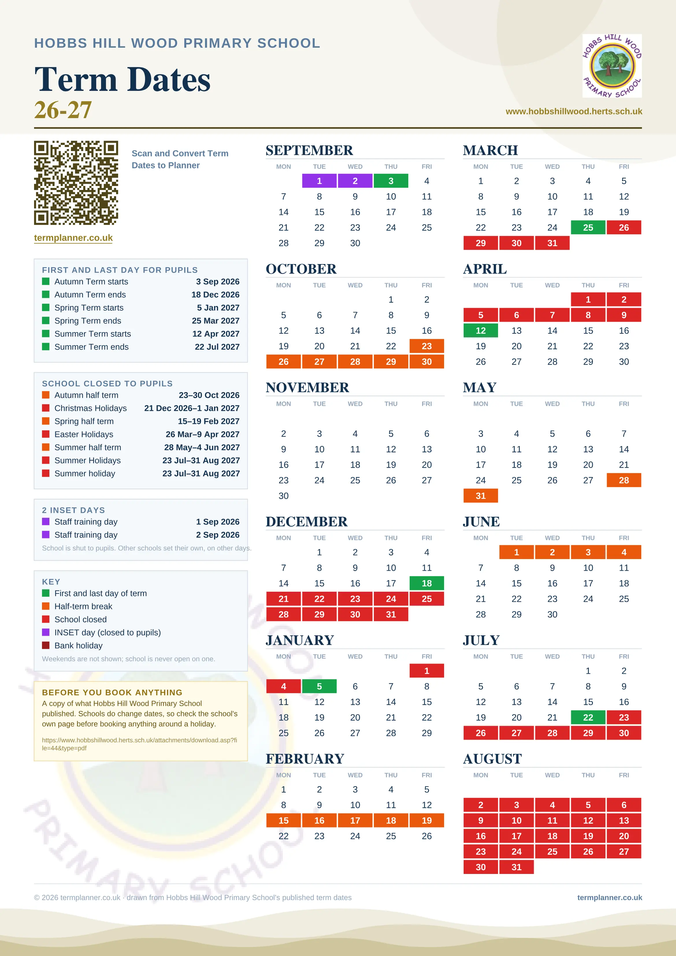 Hobbs Hill Wood Primary School’s 2026/27 school year drawn as one sheet: twelve month grids from September to August, Monday to Friday, with autumn term 3 September to 18 December 2026, spring term 5 January to 25 March 2027, summer term 12 April to 22 July 2027. Half terms, holidays and bank holidays are filled in colour, the first and last day of each term is marked, 2 INSET days are picked out, and every date is listed again in words down the left.
