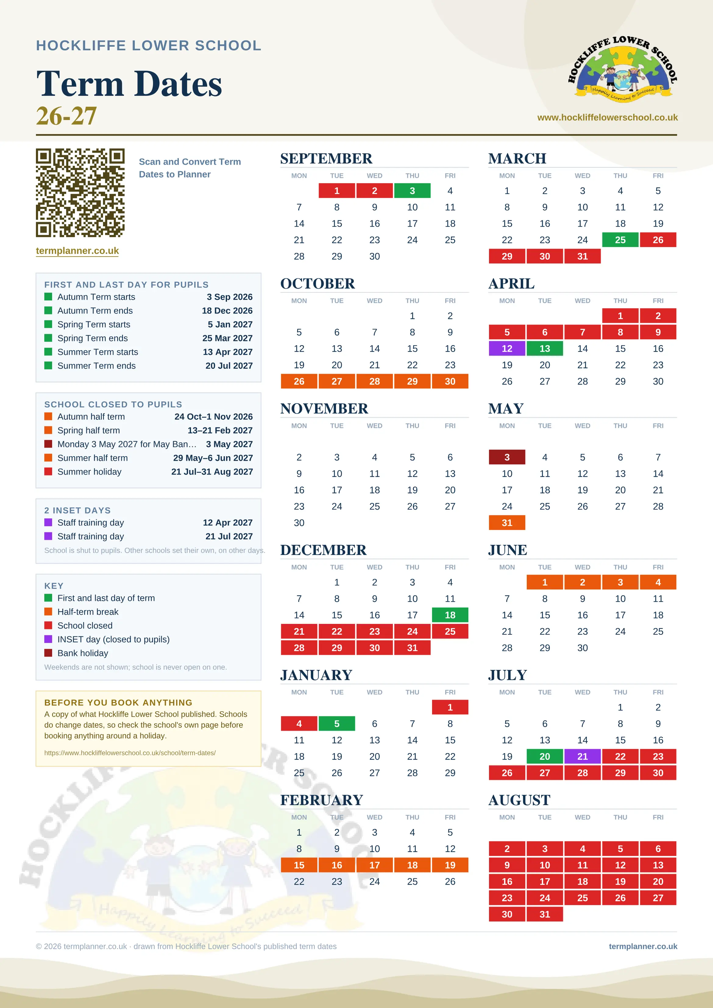 Hockliffe Lower School’s 2026/27 school year drawn as one sheet: twelve month grids from September to August, Monday to Friday, with autumn term 3 September to 18 December 2026, spring term 5 January to 25 March 2027, summer term 13 April to 20 July 2027. Half terms, holidays and bank holidays are filled in colour, the first and last day of each term is marked, 2 INSET days are picked out, and every date is listed again in words down the left.