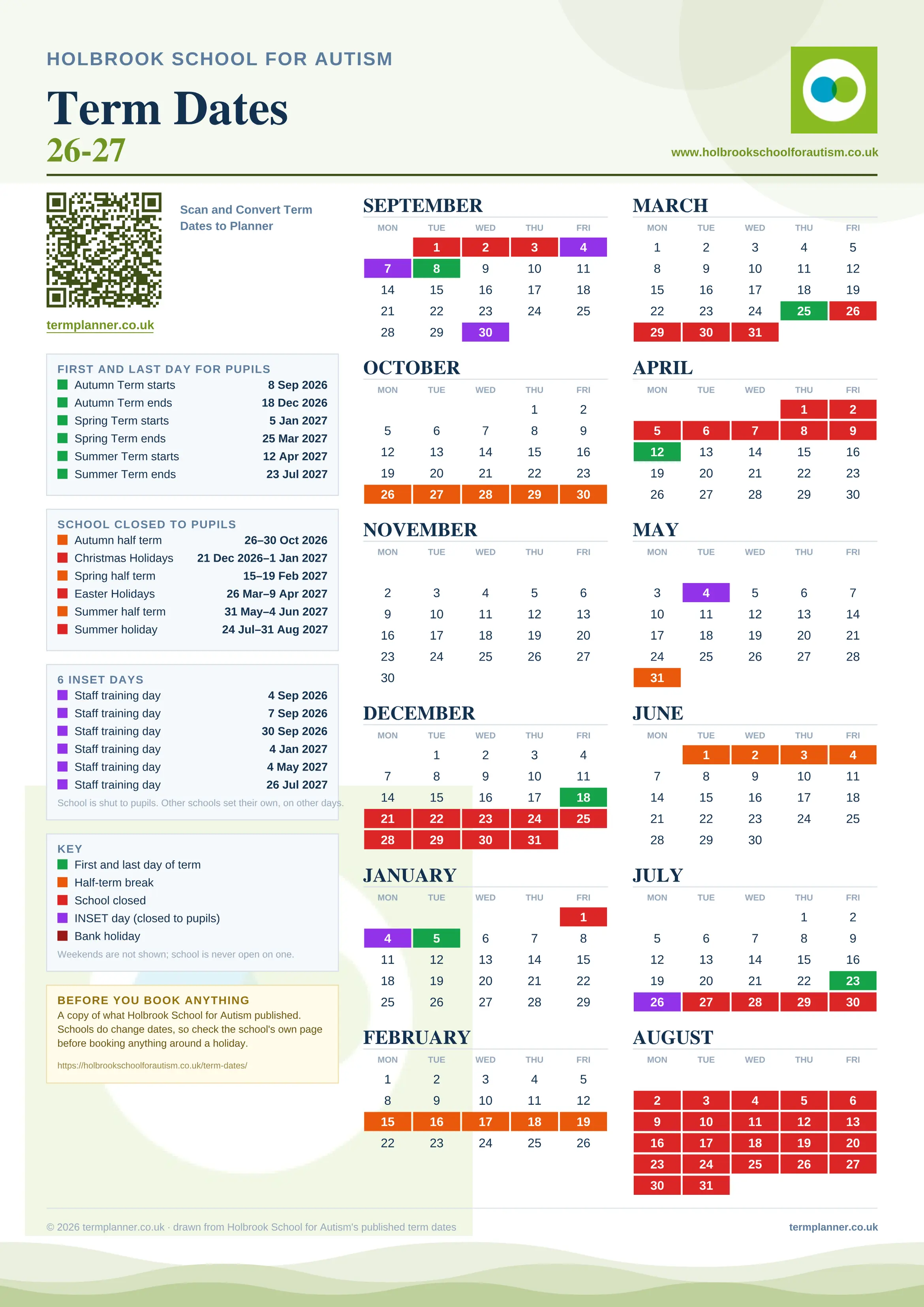 Holbrook School for Autism’s 2026/27 school year drawn as one sheet: twelve month grids from September to August, Monday to Friday, with autumn term 8 September to 18 December 2026, spring term 5 January to 25 March 2027, summer term 12 April to 23 July 2027. Half terms, holidays and bank holidays are filled in colour, the first and last day of each term is marked, 6 INSET days are picked out, and every date is listed again in words down the left.