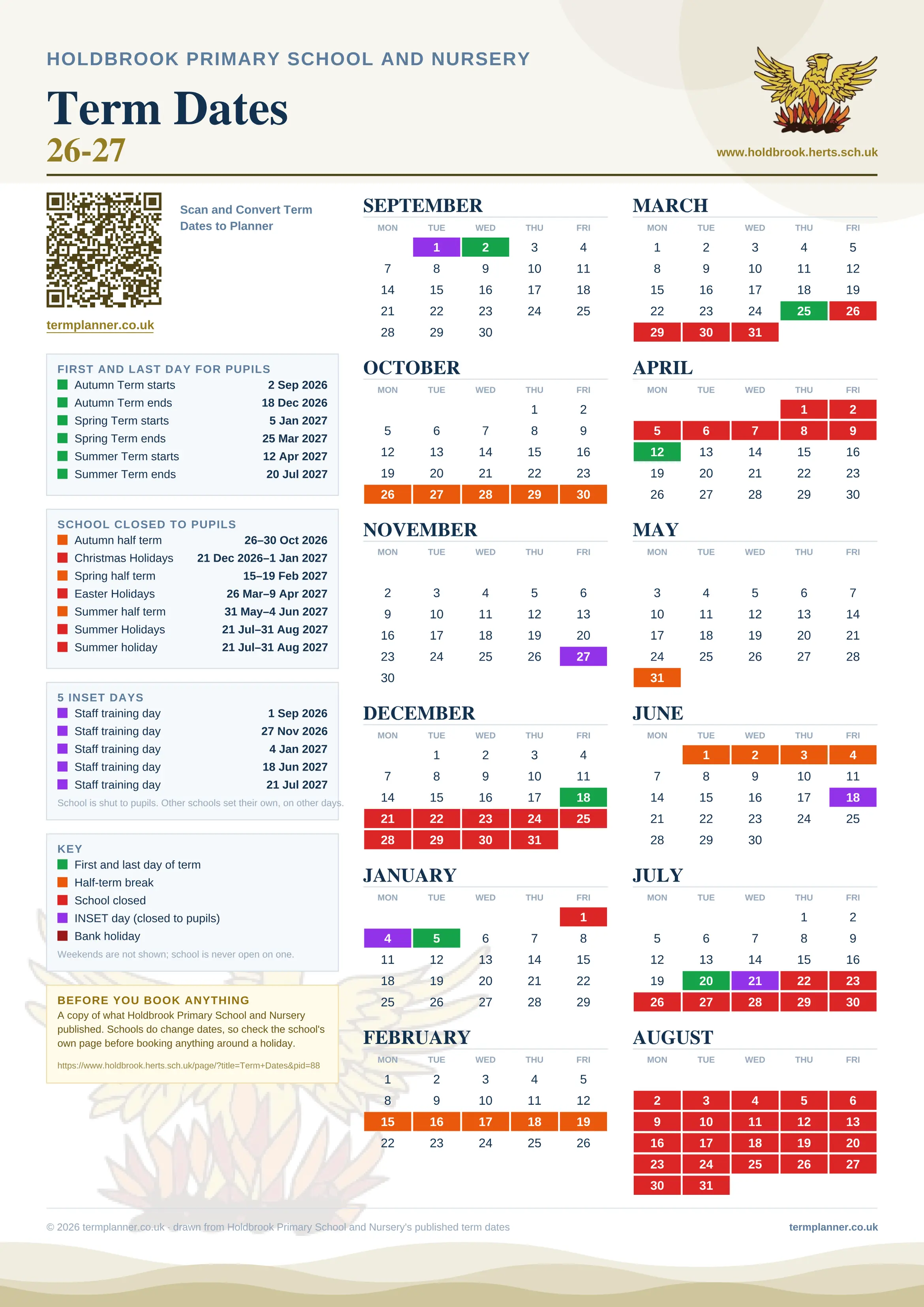 Holdbrook Primary School and Nursery’s 2026/27 school year drawn as one sheet: twelve month grids from September to August, Monday to Friday, with autumn term 2 September to 18 December 2026, spring term 5 January to 25 March 2027, summer term 12 April to 20 July 2027. Half terms, holidays and bank holidays are filled in colour, the first and last day of each term is marked, 5 INSET days are picked out, and every date is listed again in words down the left.
