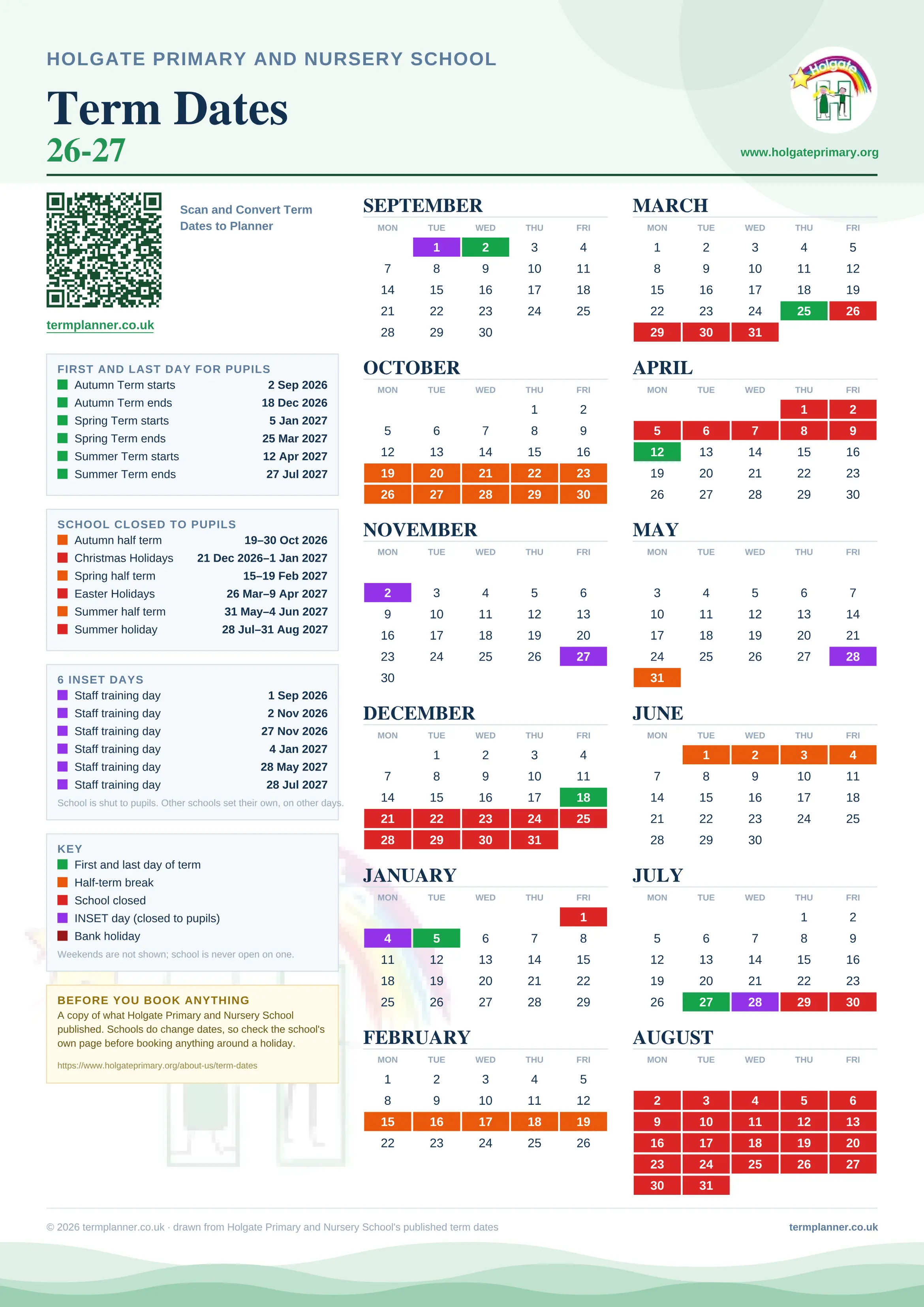 Holgate Primary and Nursery School’s 2026/27 school year drawn as one sheet: twelve month grids from September to August, Monday to Friday, with autumn term 2 September to 18 December 2026, spring term 5 January to 25 March 2027, summer term 12 April to 27 July 2027. Half terms, holidays and bank holidays are filled in colour, the first and last day of each term is marked, 6 INSET days are picked out, and every date is listed again in words down the left.