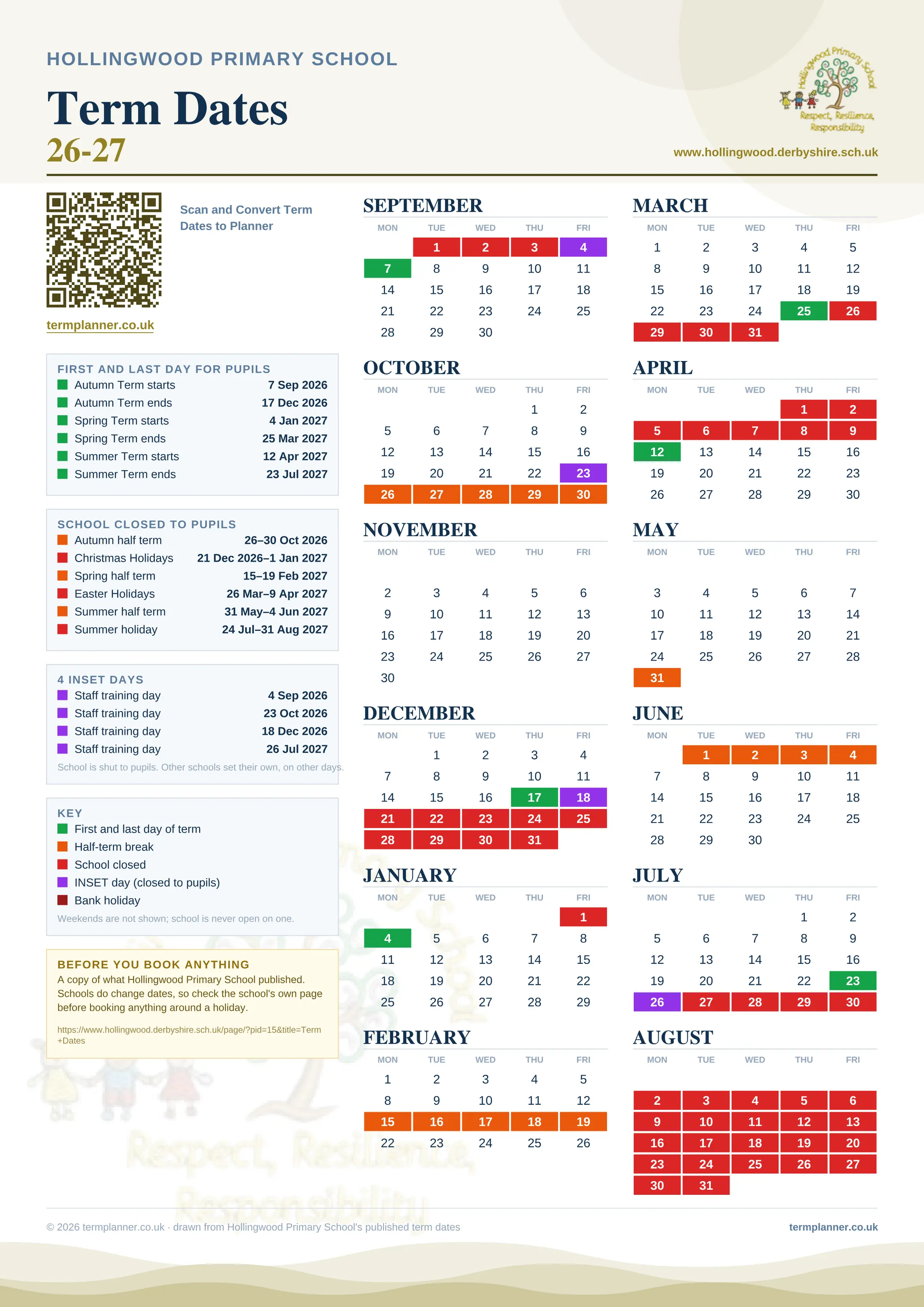Hollingwood Primary School’s 2026/27 school year drawn as one sheet: twelve month grids from September to August, Monday to Friday, with autumn term 7 September to 17 December 2026, spring term 4 January to 25 March 2027, summer term 12 April to 23 July 2027. Half terms, holidays and bank holidays are filled in colour, the first and last day of each term is marked, 4 INSET days are picked out, and every date is listed again in words down the left.