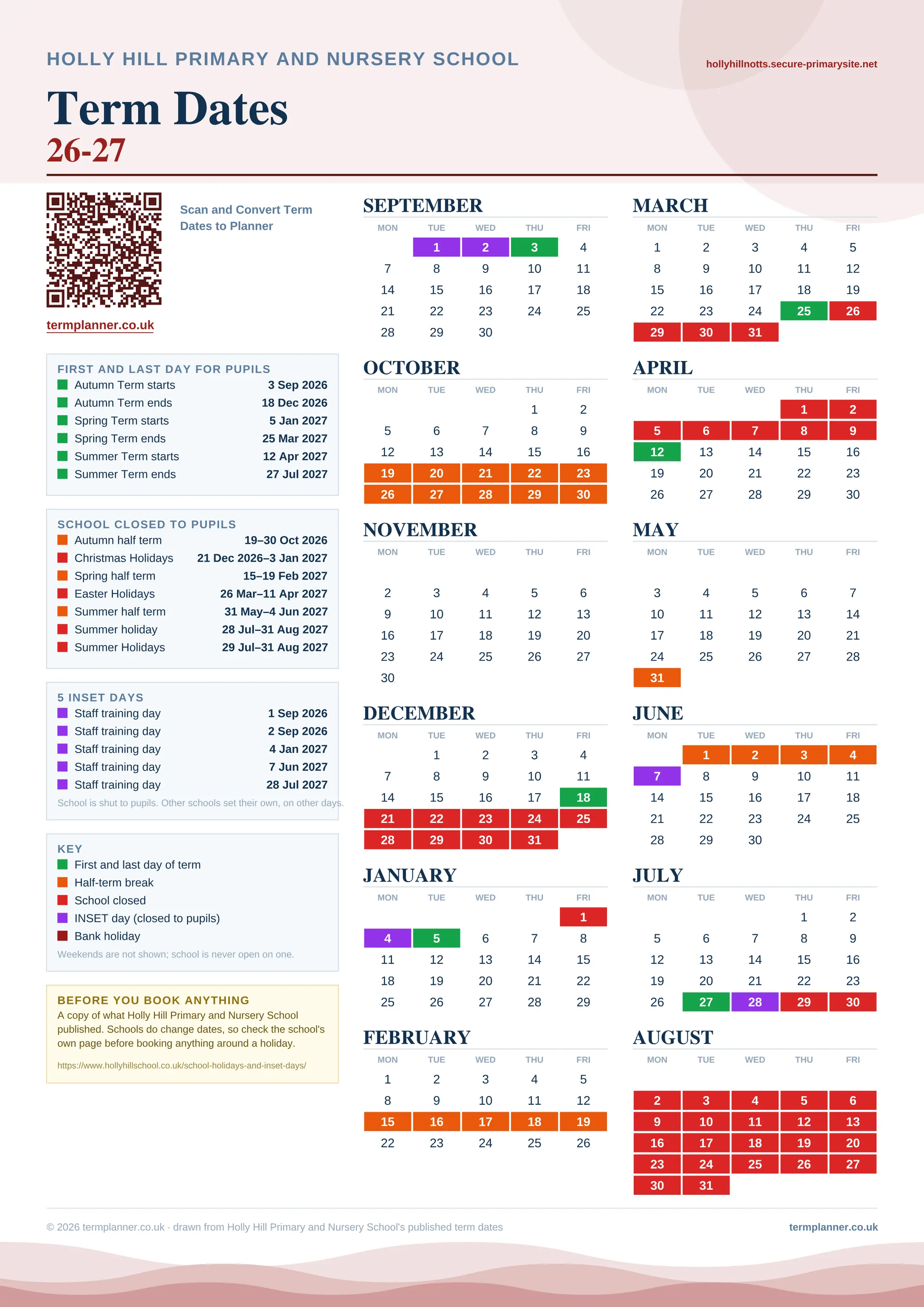 Holly Hill Primary and Nursery School’s 2026/27 school year drawn as one sheet: twelve month grids from September to August, Monday to Friday, with autumn term 3 September to 18 December 2026, spring term 5 January to 25 March 2027, summer term 12 April to 27 July 2027. Half terms, holidays and bank holidays are filled in colour, the first and last day of each term is marked, 5 INSET days are picked out, and every date is listed again in words down the left.