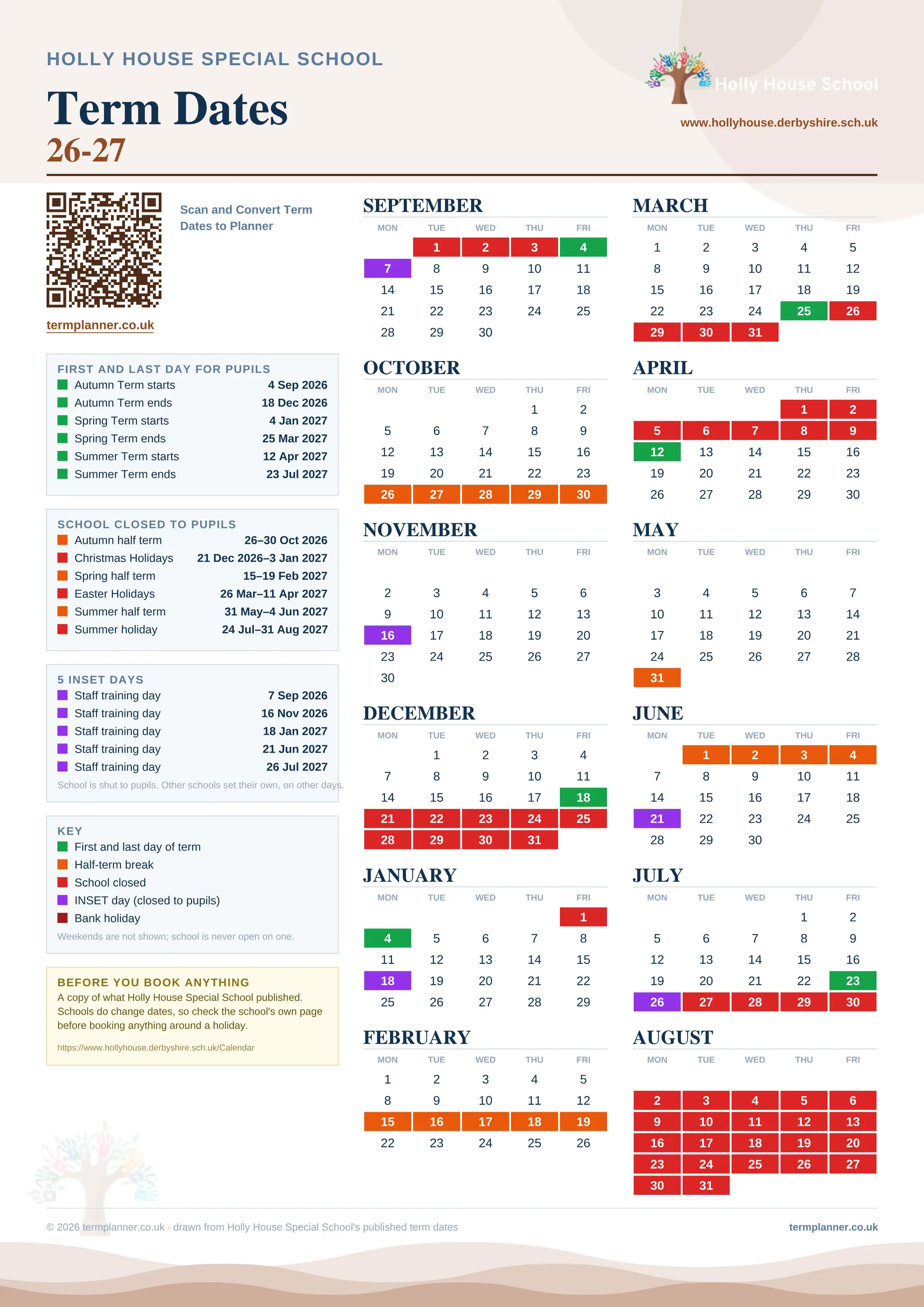 Holly House Special School’s 2026/27 school year drawn as one sheet: twelve month grids from September to August, Monday to Friday, with autumn term 4 September to 18 December 2026, spring term 4 January to 25 March 2027, summer term 12 April to 23 July 2027. Half terms, holidays and bank holidays are filled in colour, the first and last day of each term is marked, 5 INSET days are picked out, and every date is listed again in words down the left.