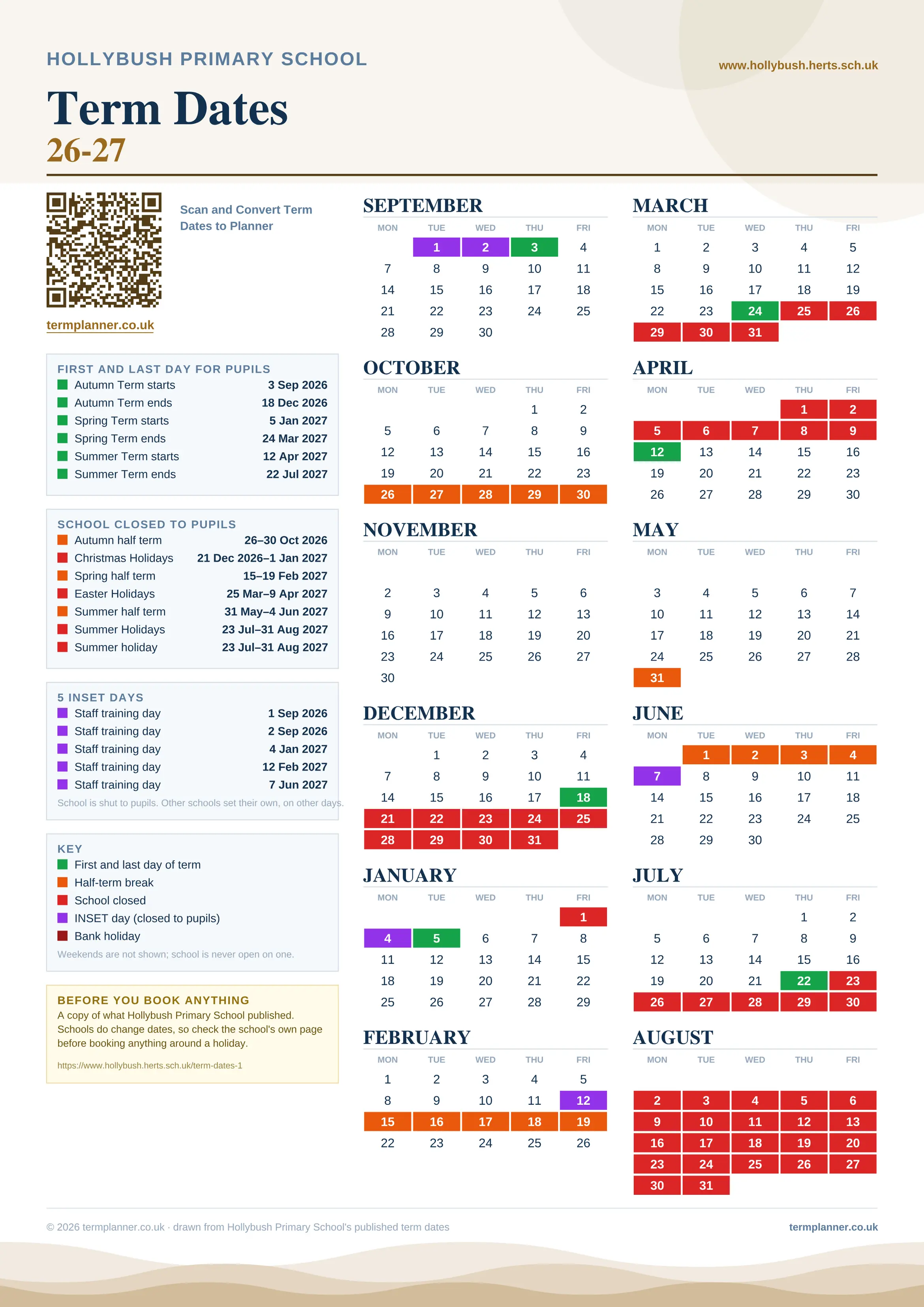 Hollybush Primary School’s 2026/27 school year drawn as one sheet: twelve month grids from September to August, Monday to Friday, with autumn term 3 September to 18 December 2026, spring term 5 January to 24 March 2027, summer term 12 April to 22 July 2027. Half terms, holidays and bank holidays are filled in colour, the first and last day of each term is marked, 5 INSET days are picked out, and every date is listed again in words down the left.